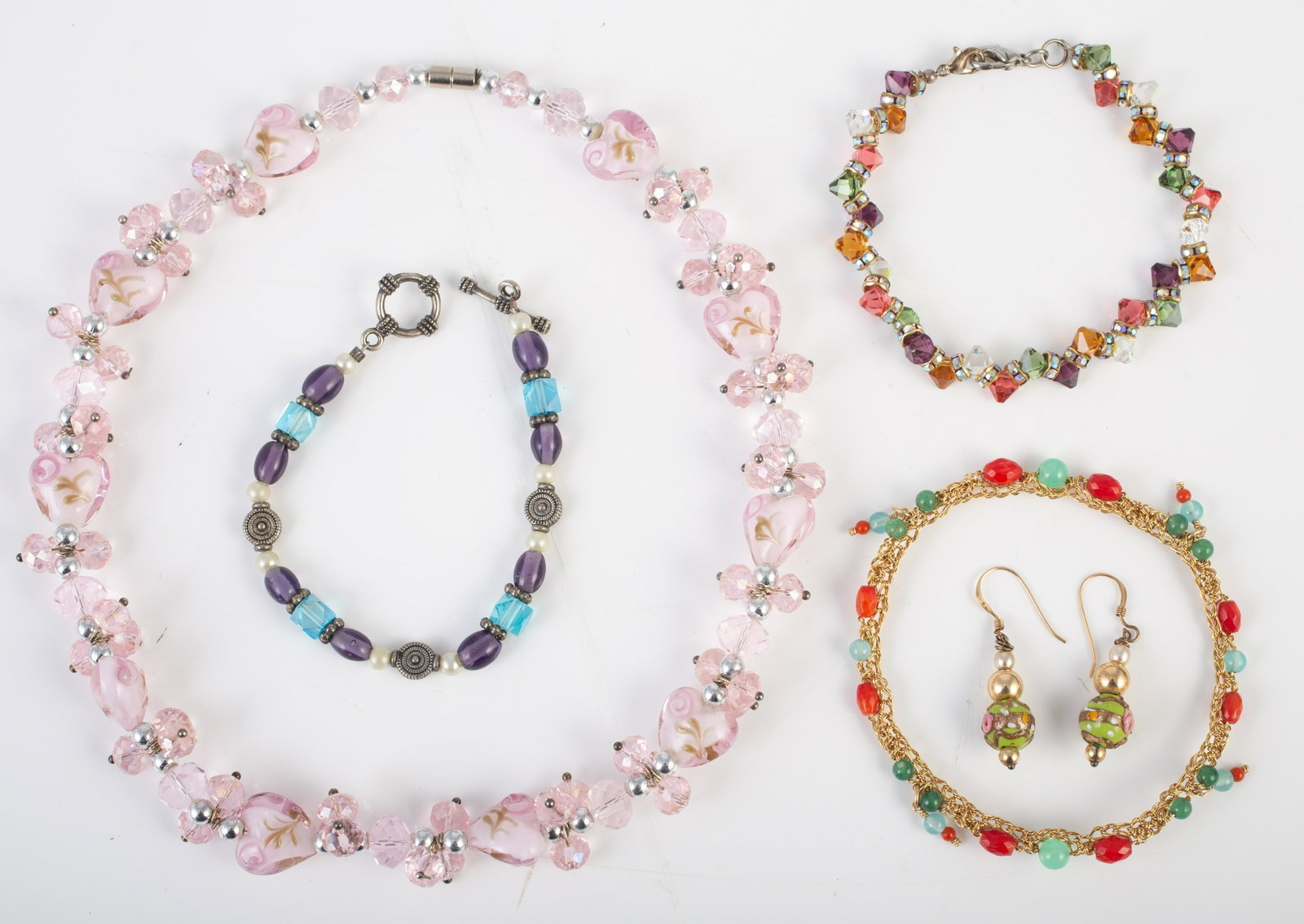 (5) PCS. BEADED COSTUME JEWELRY: Includes (3) bracelets, (1) necklace, and (1) pair of french hook earrings with gold filled hooks, longest L-17 3/4", VG