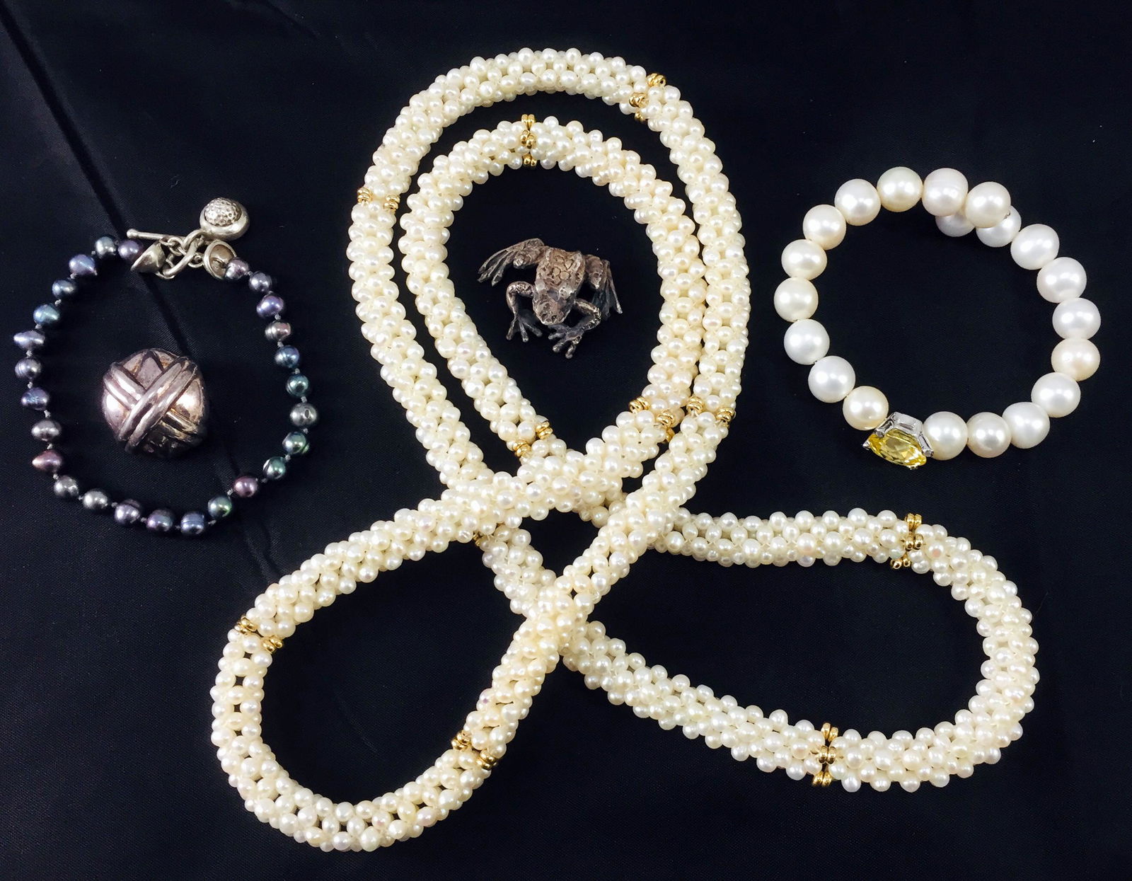 COSTUME JEWELRY ETC. (5+): Faux pearl necklace and bracelet; natural black pearl bracelet; unmarked silver miniature frog; jasper drop; longest 17", G-VG