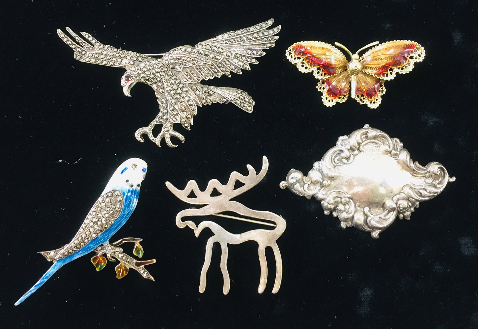 STERLING ANIMAL PINS, ETC. (5): (2) Marcasite pins, 1-enameled; (1) enameled filigree butterfly pin; longest 3 1/4", G-VG