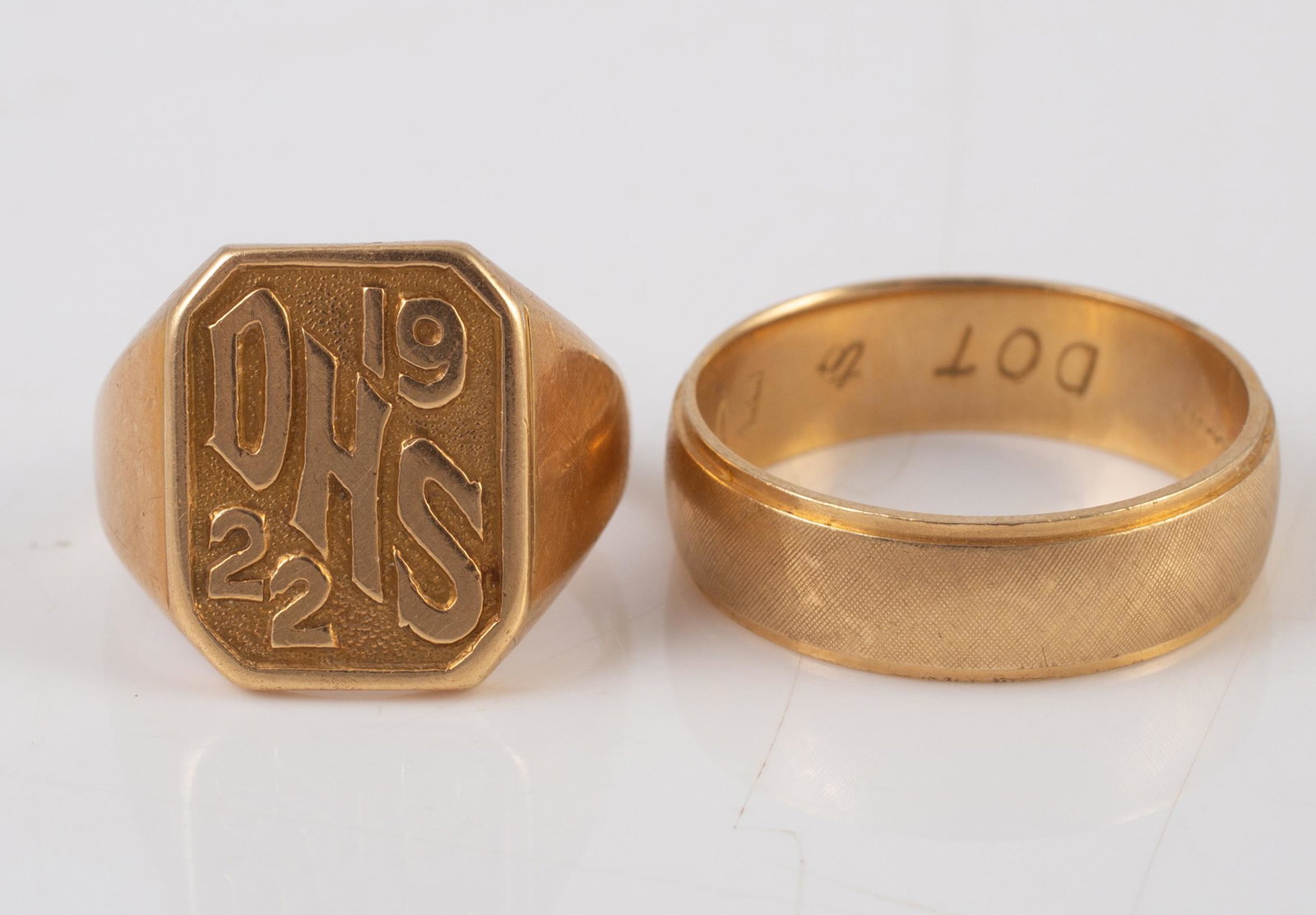 (2) 14K GOLD BANDS: (1) Man's Art Carved wedding ring, inscribed: Dot & EV 11-12-78; size 8.5; (1) school ring, DHS 1922, inscribed with initials, size 6.5; total 11.7 grams total