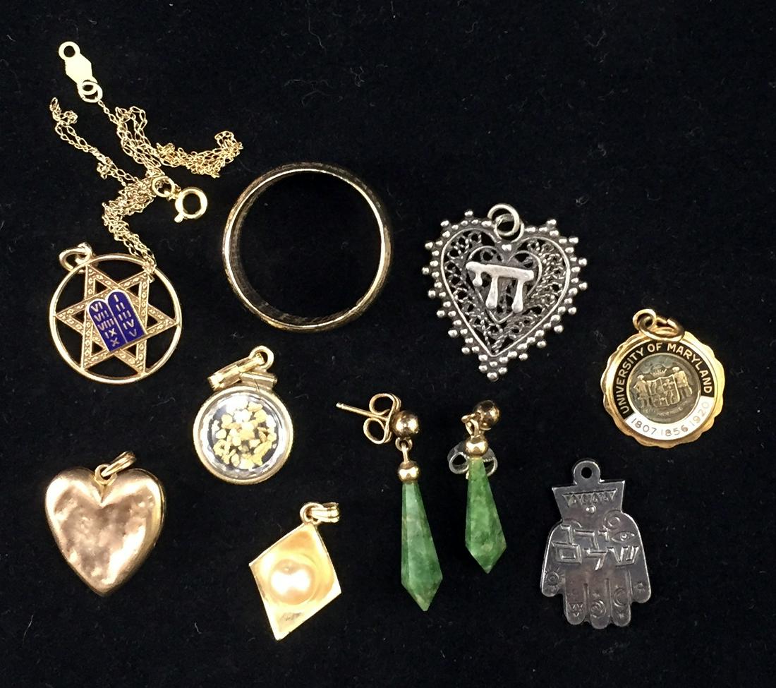 ASSORTED GOLD, GOLD TONE JEWELRY, ETC.: Includes 14K fine chain with 14K Judaic drop, with enamel tablets; 2.1 grams; (1) pendant witih pearl, tests as 14K; (1) pair jade drop earrings, 14K, (1) 10K locket (heavily dented); (1) pendant cont