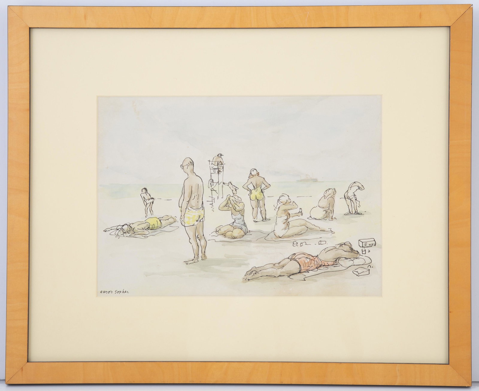 AARON SOPHER BEACH SCENE WATERCOLOR: Professionally matted and framed; signed lower left; small scuff in the paper where signed; slight scratches to frame; framed size; 13 1/2" X 16 1/2", EX