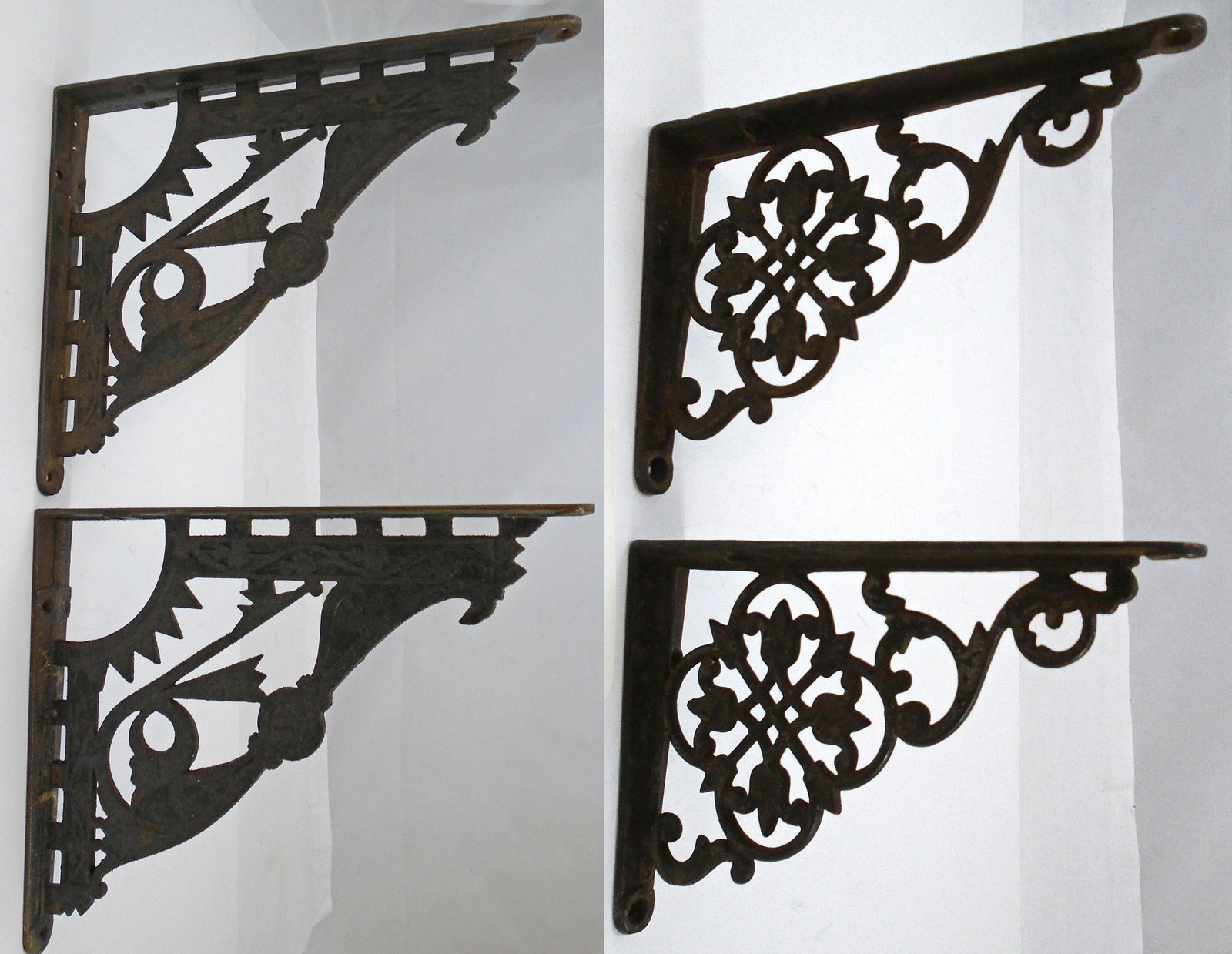 (2) PAIR CAST IRON WALL BRACKETS: (1) Pair floral and scroll brackets, some surface rust; very little paint remaining; L-5 1/2", H-4"; (1) pair Aesthetic movement brackets - surface rough / pitted; very little remaining paint; L-10", 