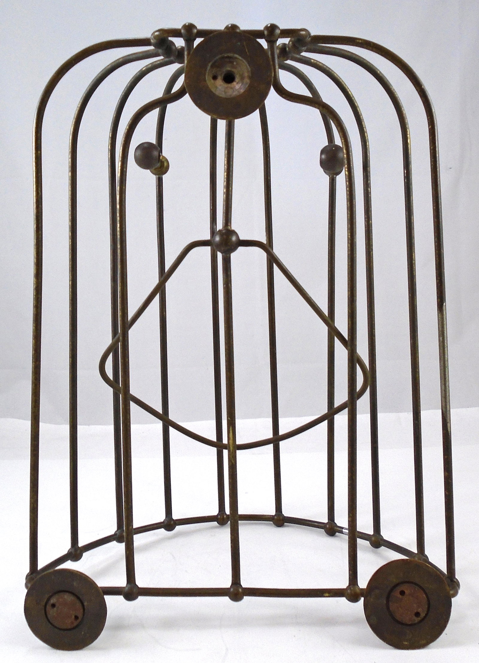 VINTAGE BATH WALL HANGING TOWEL BASKET: Unusual nickel plated wall hanging basket; perfect for a vintage bath; three mounting brackets; has hinged interior towel bar and a second set of posts for a second, rigid bar (bar not present); plati