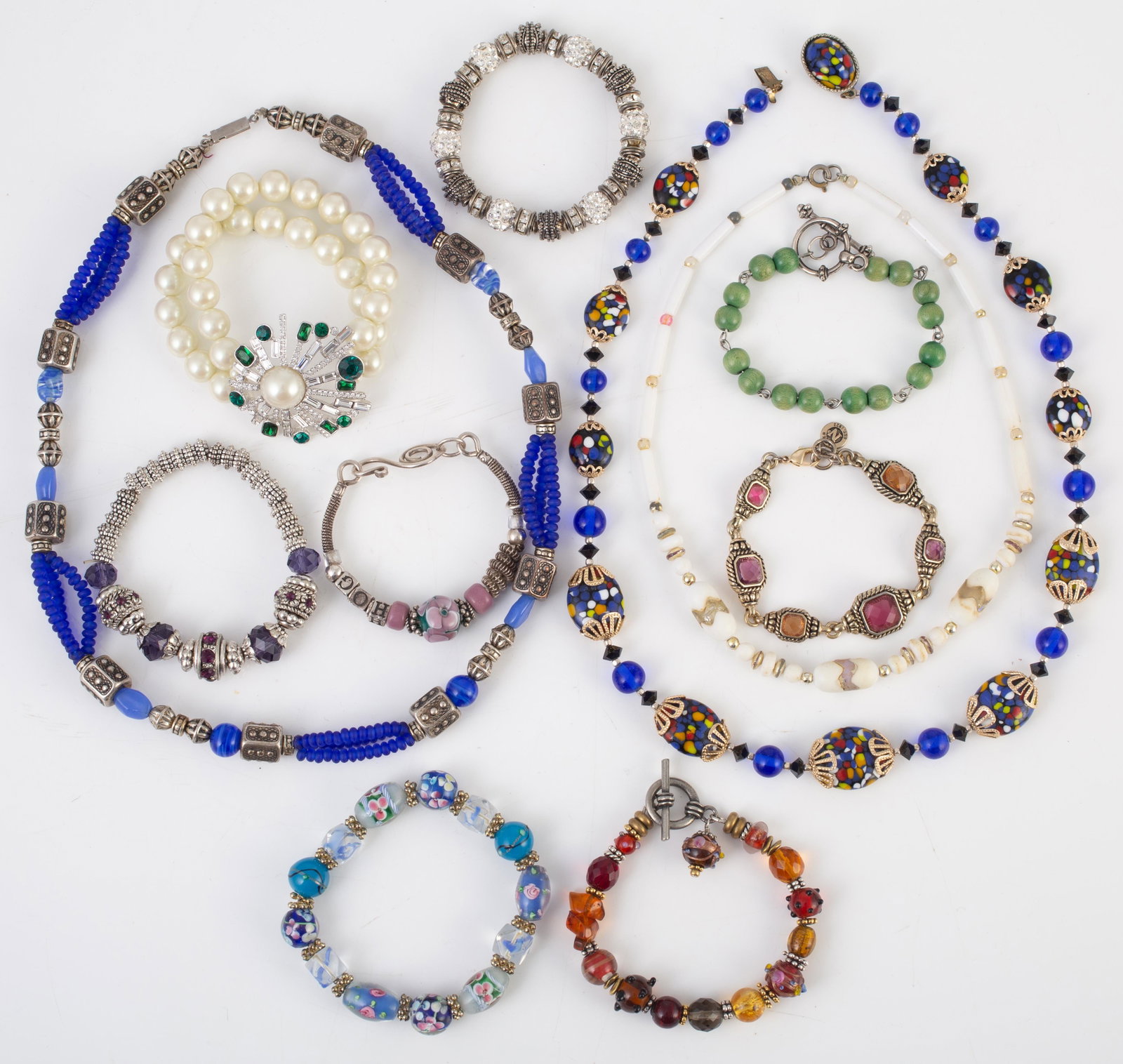 LOT ASSORTED COSTUME BEADED JEWELRY (11) PCS: Includes (8) bracelets: some stretch, some toggle clasp, etc.; (3) necklaces; many with glass beads, rhinestones, etc.; longest L-23", VG