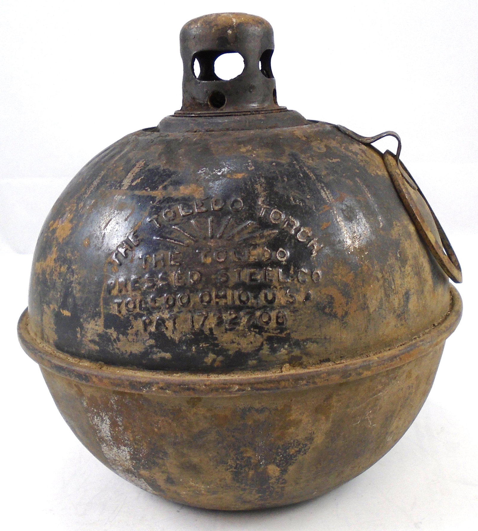 VINTAGE ROADSIDE SMUDGE POT: Embossed label: "The Toledo Torch", single ring handle; paint loss and surface oxidation; H-7 1/4", Dia.-6", G