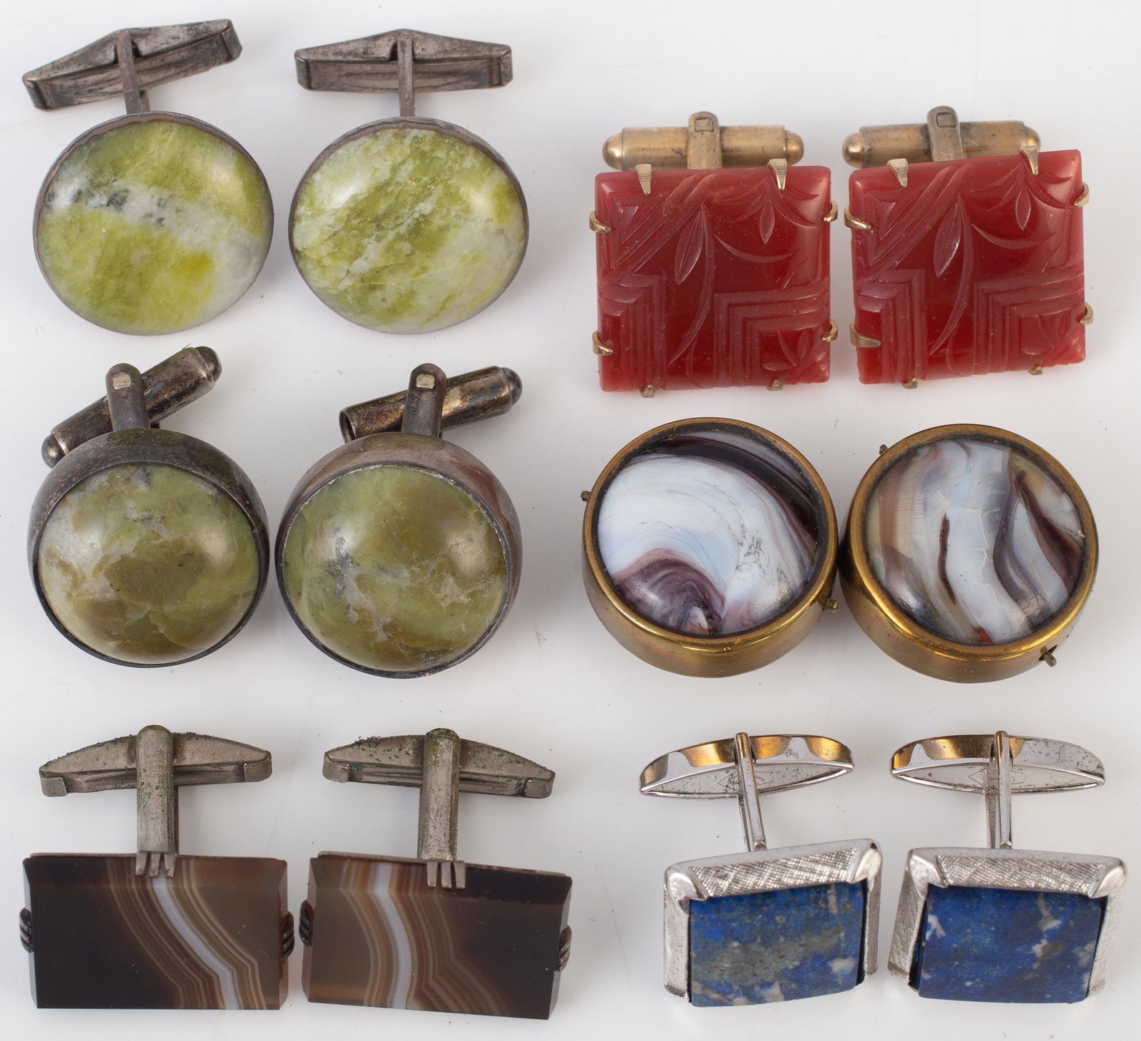 (6) PAIR STONE INSET CUFFLINKS: Mostly toggle back, (1) pair of stud type; includes: agate, lapis, carnelian, etc.; (1) silver pair has hallmarks; largest L-7/8", VG