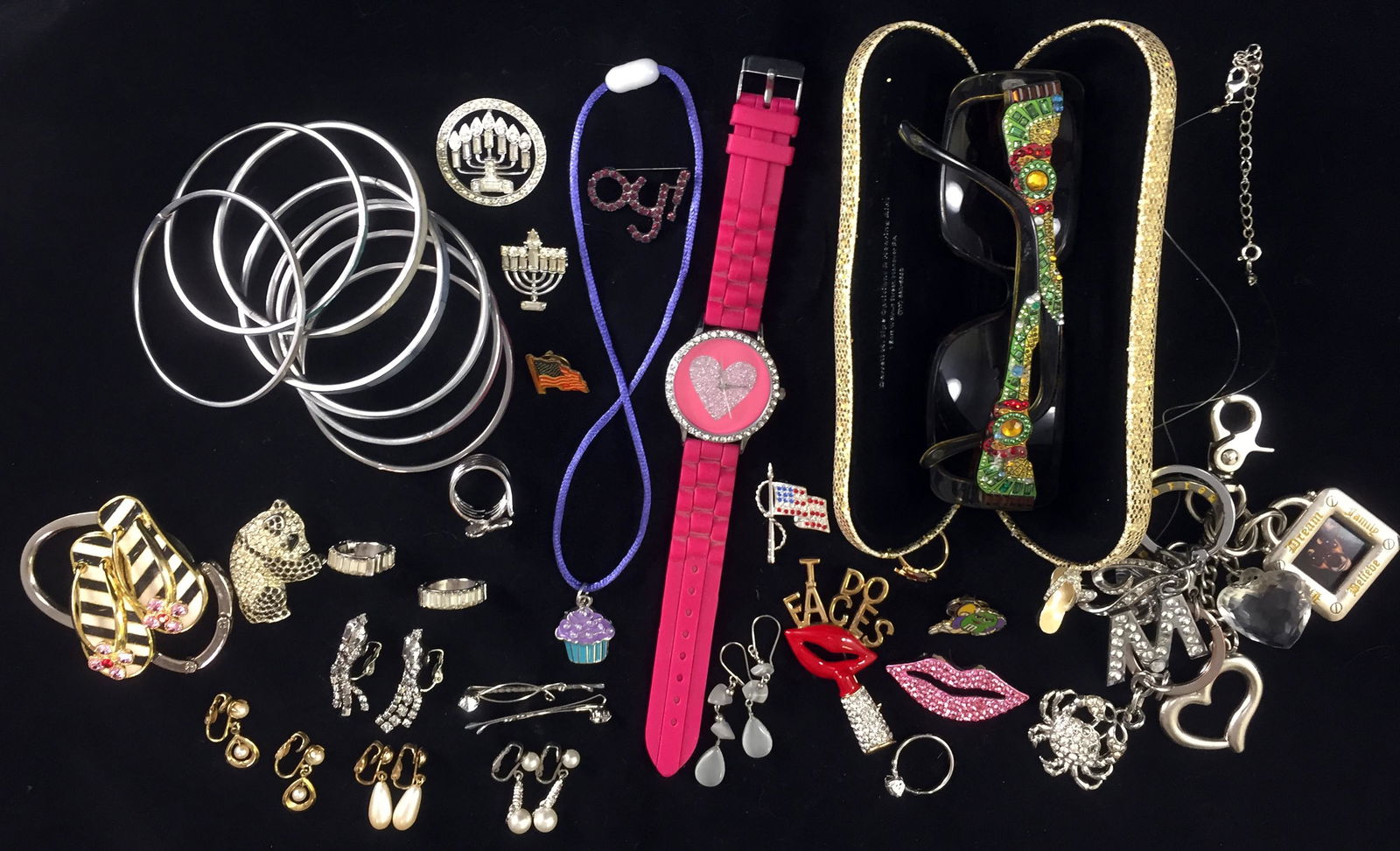 GRAB BAG COSTUME JEWELRY: Includes: rhinestone sunglasses, rhinestone pins, rings, keychains, Judaica, and more; sizes vary; G-VG
