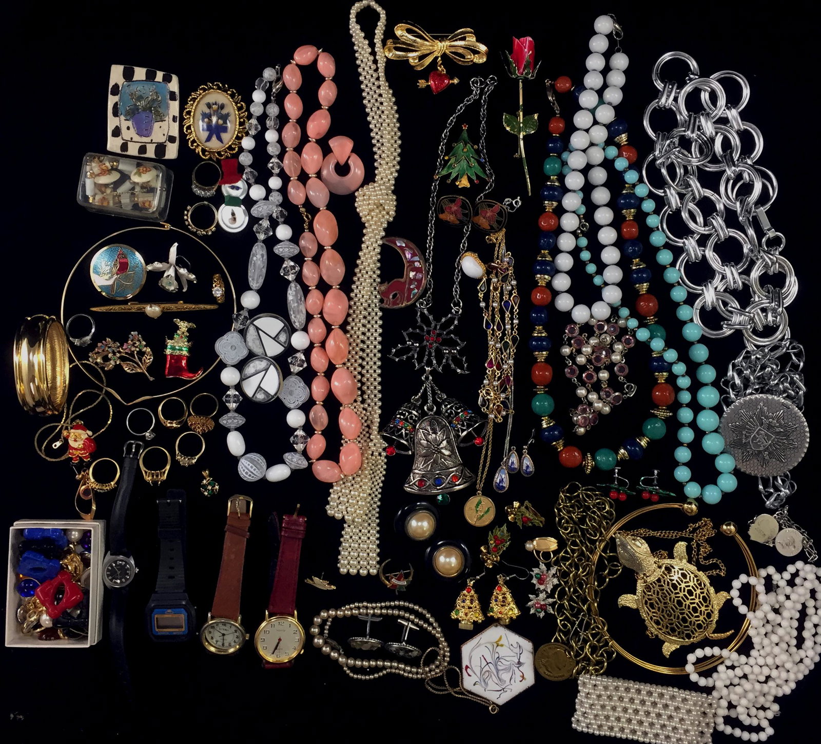 GRAB BAG ASSORTED COSTUME JEWELRY: Includes: watches (not tested), beads, pins, several fashion rings, bracelets, Christmas earrings and pins, and more; sizes vary; G-VG