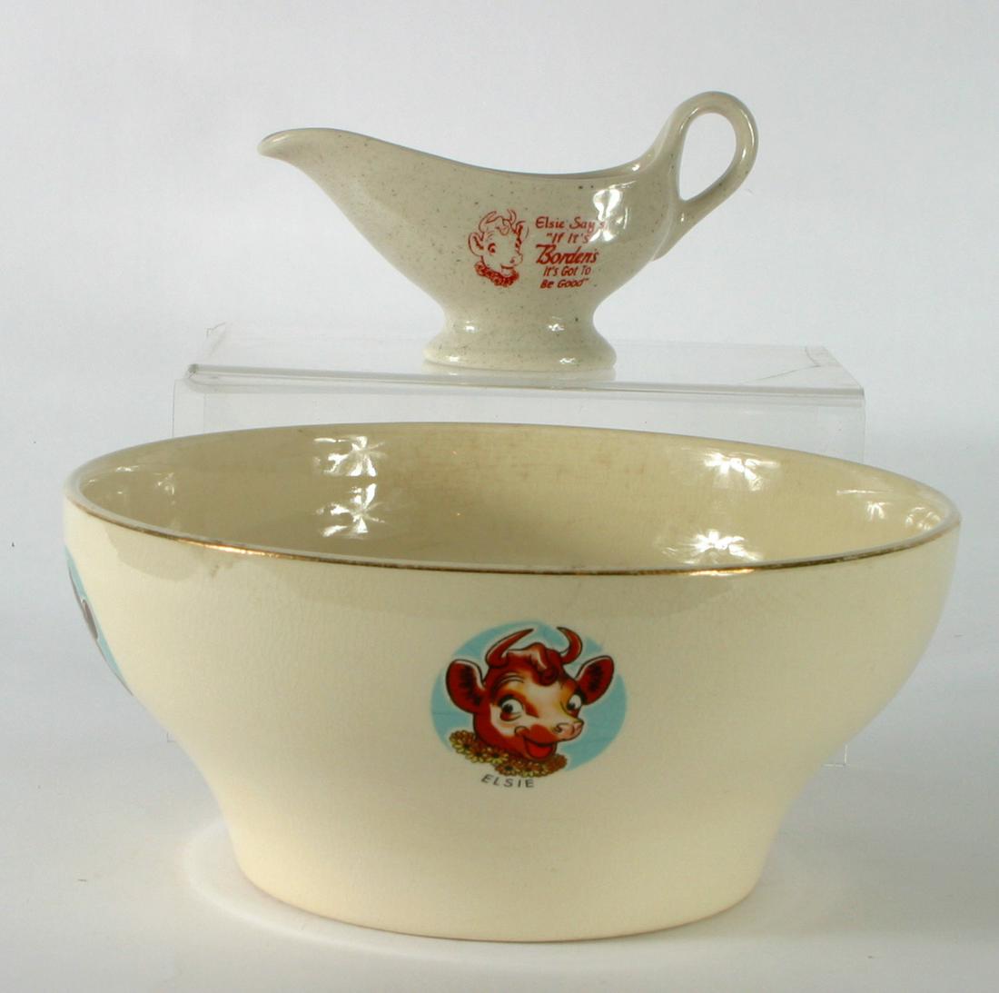 BORDEN ADVERTISING CENTERBOWL & CREAMER: (1) ceramic centerbowl: images of Elsie, Beulah, Beauregard, and Elmer around exterior; Universal Cambridge - Oven Proof - Made in USA; Dia.-10 1/4", G-VG (1) Elsie the Borden's Cow Cramer: Syracuse C
