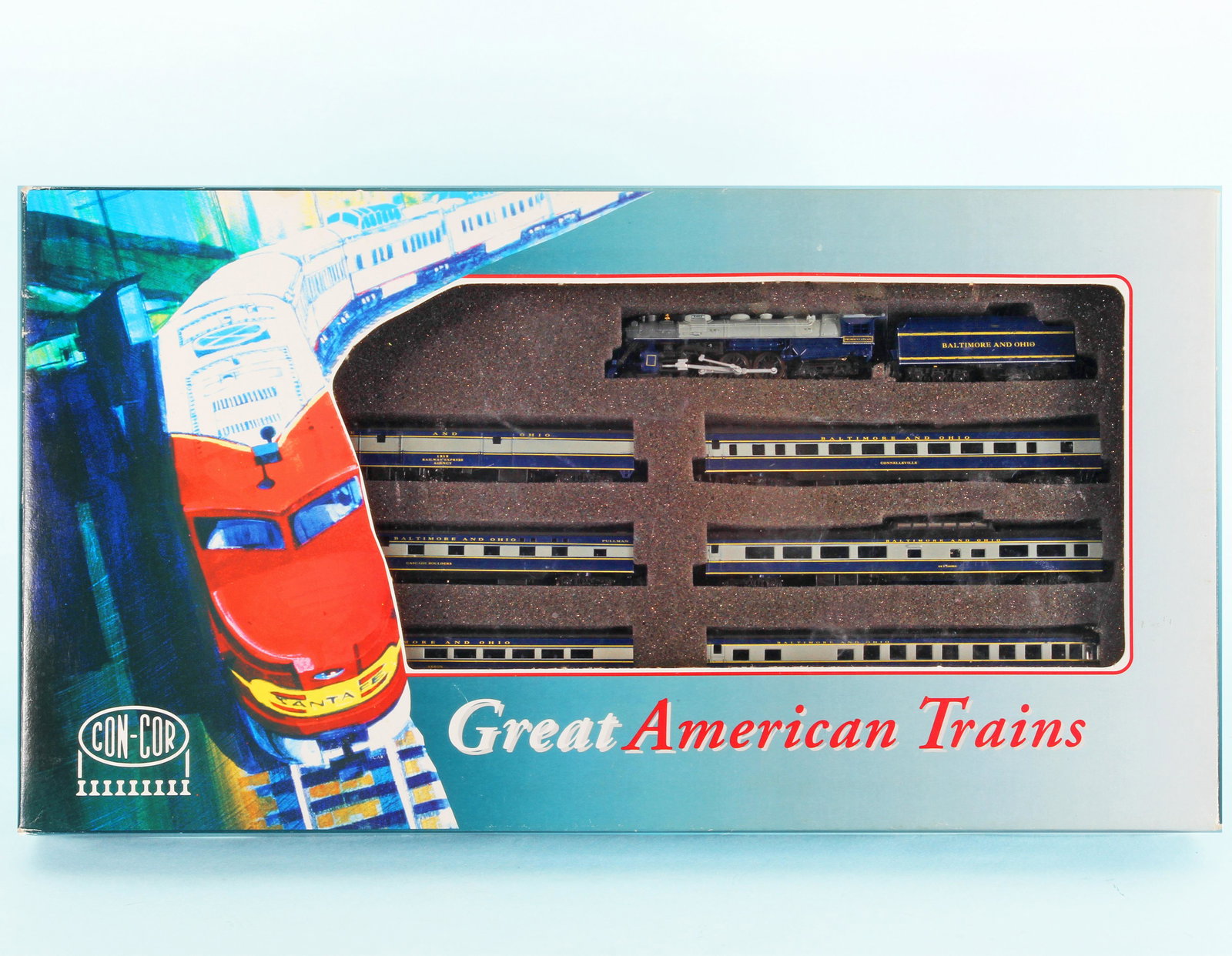 CON-COR N SCALE B&O J3A HUDSON 6 CAR SET: Rare Con-Cor N gauge steam passenger train set; Great American Train; J3A Hudson 4-6-4 (6) passenger cars with Baltimore & Ohio #001-042054; set includes engine and tender, 7 1/2" long; (6) passenger