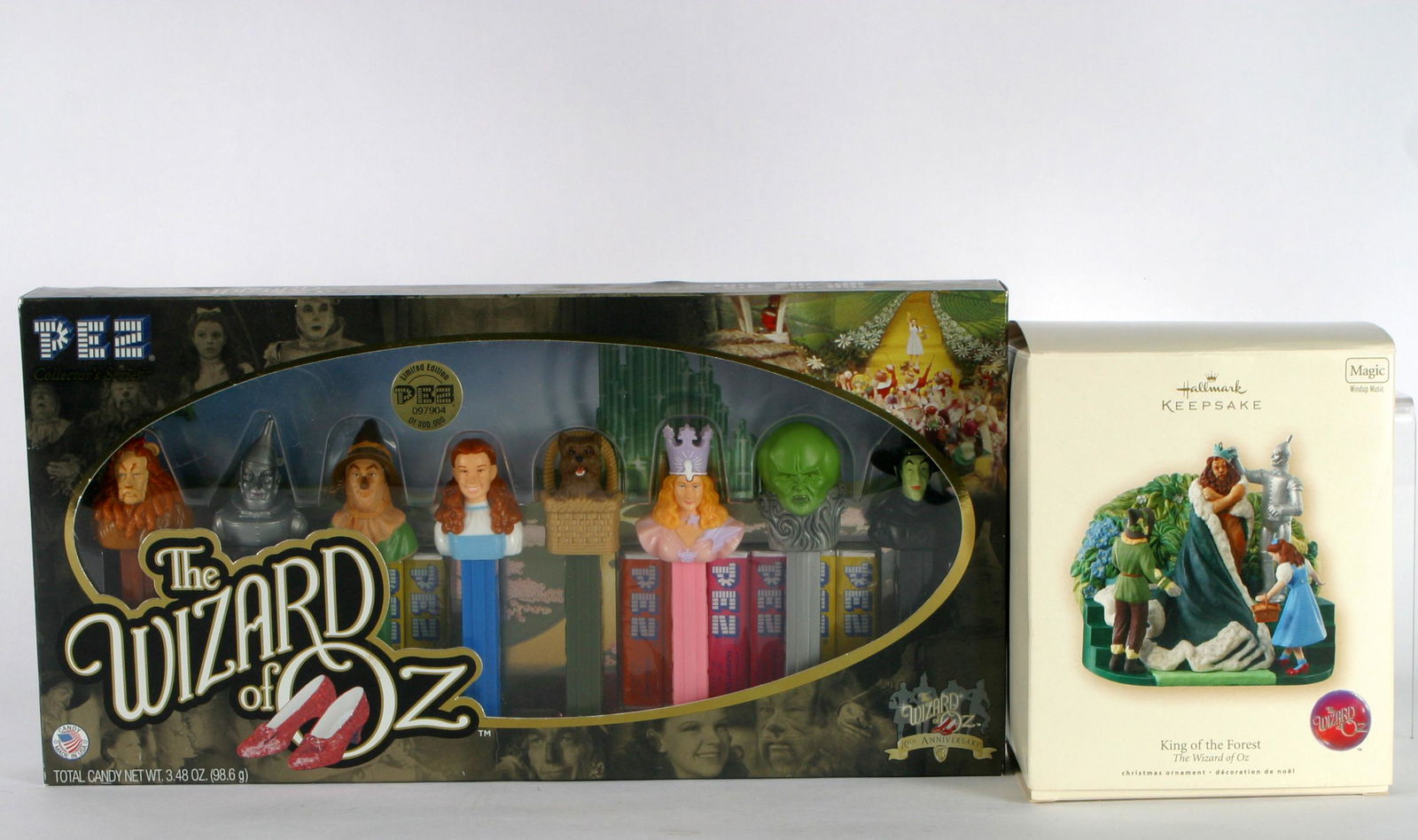 WIZARD OF OZ PEZ SET & HALLMARK ORNAMENT: (1) Pez Collector Series: 70th Anniversary, Warner Bros., Limited edition, original box, unopened; (1) Hallmark Keepsake Ornament: "King of the Forest", wind-up /musical; working; original box; 2007;