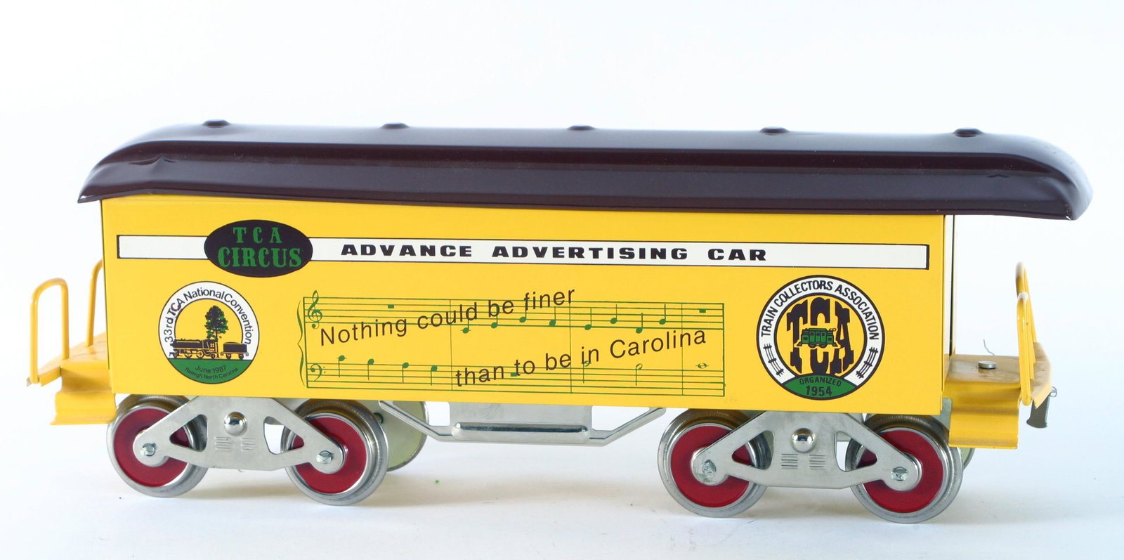 TCA CIRCUS TRAIN CAR - STANDARD GAUGE: Train Collector's Association promotional car, painted metal; McCoy Mfg., contemporary; 33rd Annual National Meet; L-16";