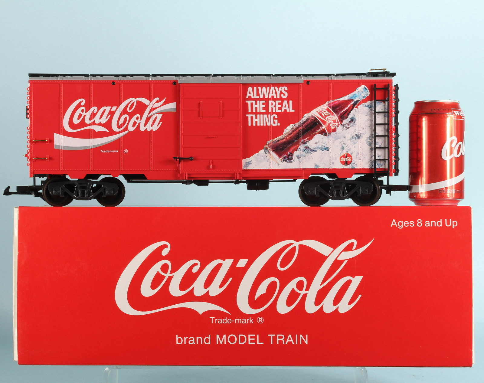 G SCALE LEHMANN LGB COCA-COLA BOXCAR - MIB: G Gauge; Lehmann LGB; Lehmann Gross Bahn; the Big Train; #42911; Coca-Cola box car in original box with plastic accessories still on trees;