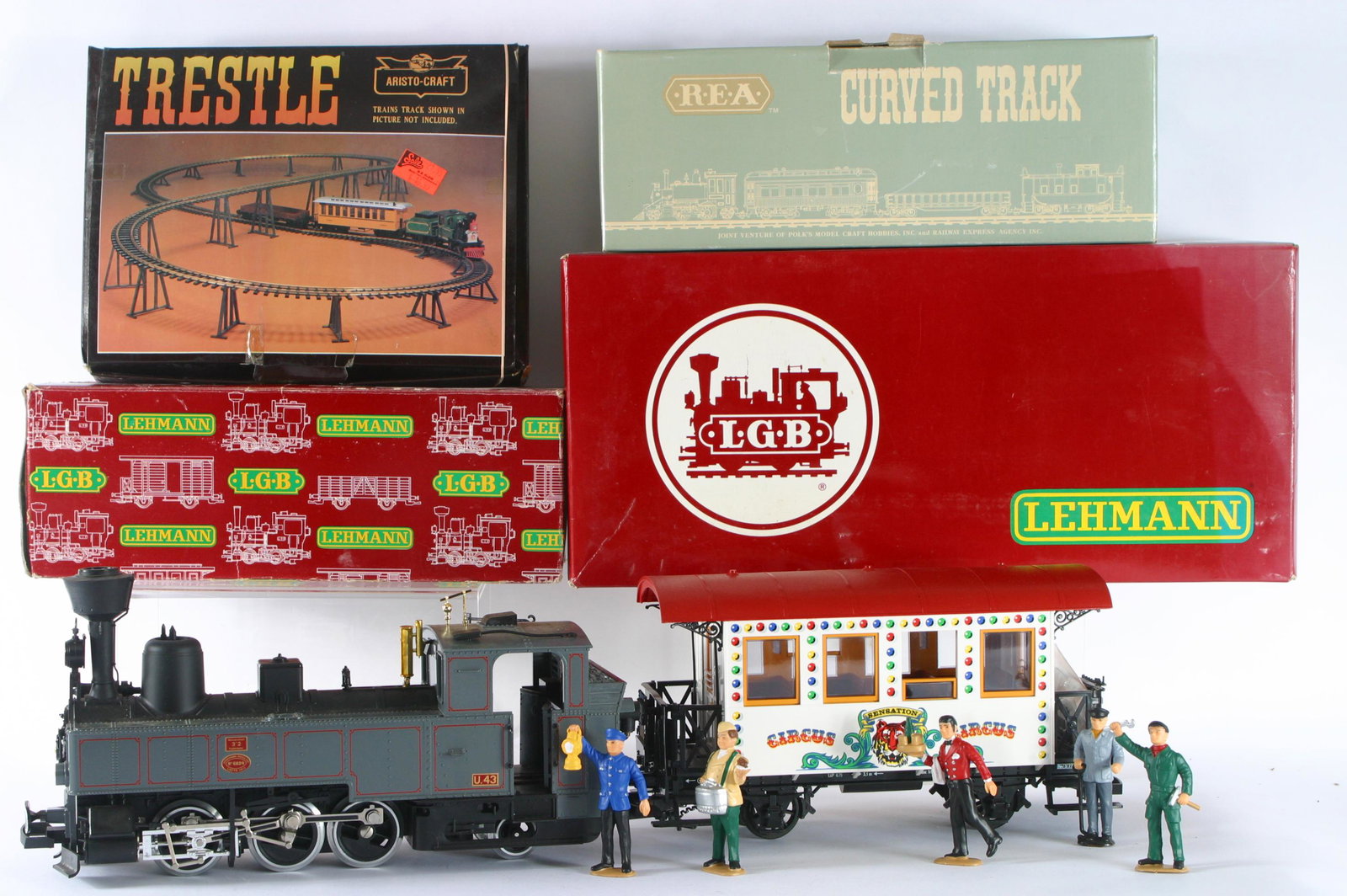 LGB/LEHMANN "BIG TRAIN" G SCALE SET - BOXES: Includes: (1) 6824 Engine, LGB #2070D, (1) 3036 Circus passenger car, (2) boxes of curved track, (1) Aristo-Craft Trestle set (ARI-7104) and (31) Pieces of loose track; untested; longest box 18";