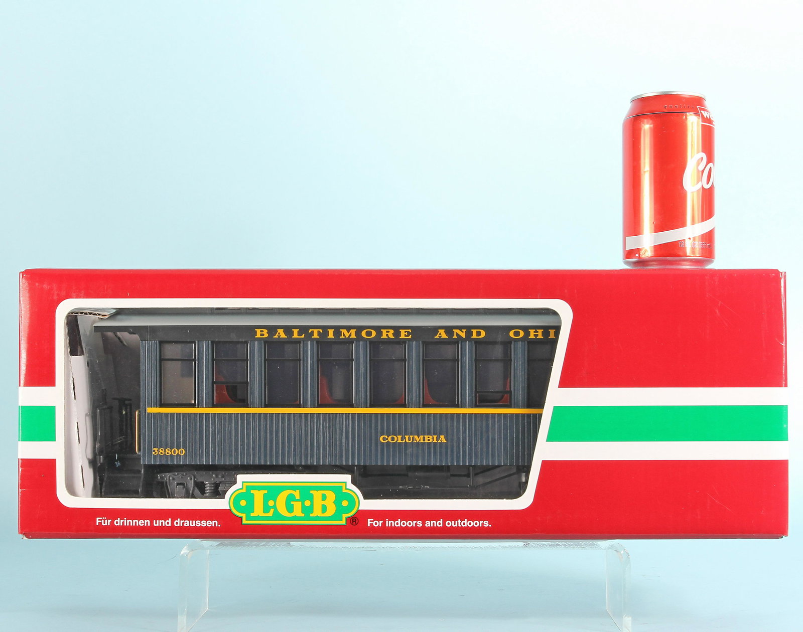 RARE G SCALE LEHMANN B&O PASSENGER CAR, BOXED: LGB Lehmann Gross Bahn - The Big Train #38800; Baltimore and Ohio passenger car; Columbia in original box; G Gauge; box: 20 1/2" x 7" x 5"; train car is 18 1/2" long, 6" tall; 4 1/2" wide;