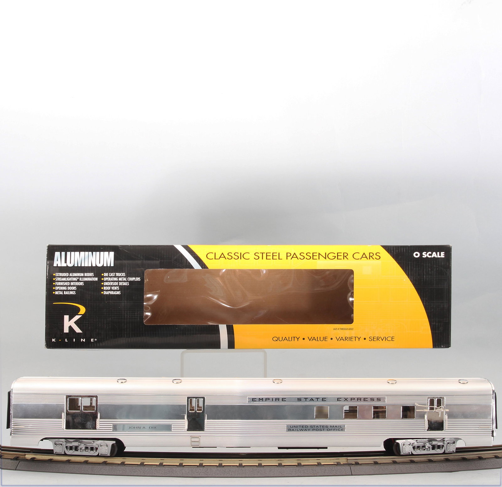 K-LINE ALUMINUM 21" NYC JOHN A DIX BAGGAGE CAR: O scale, 3-rail; lighted Empire State Express United States Mail Railway Post Office / Baggage Car; K4670-45022; car L-21", box: 23 1/2" x 6 1/4" x 4";