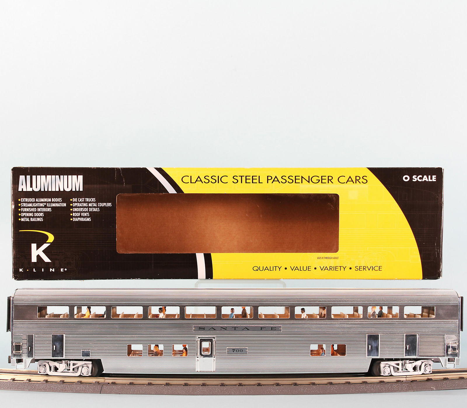 K-LINE ALUMINUM SANTA FE HI-LEVEL COACH #700: O scale, 3-rail; lighted; Santa Fe Hi-Level coach #700; 21" doubld decker train passenger car; K4630-40700; box: 23 1/2" x 6 1/4" x 4";