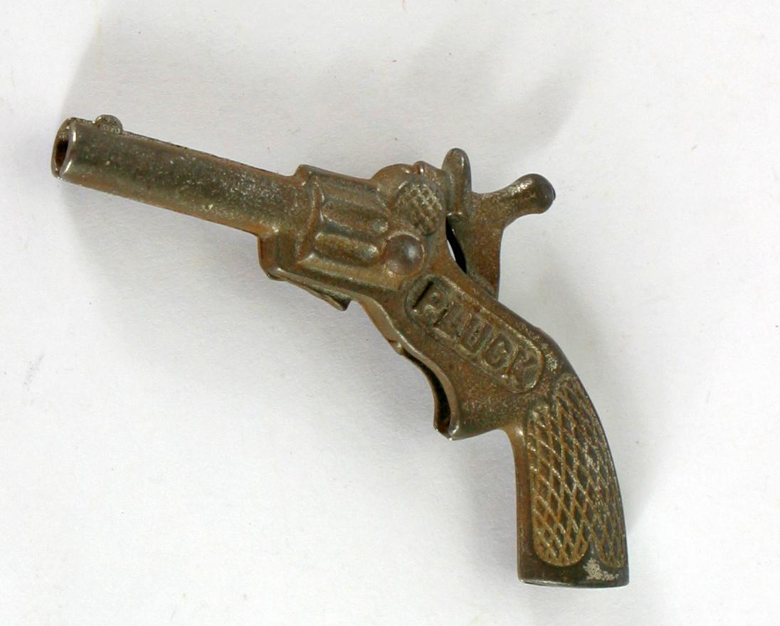 ANTIQUE STEVENS PLUCK CAP GUN: Iron toy cap gun with leather holster; circa 1930's; L-3 1/2"