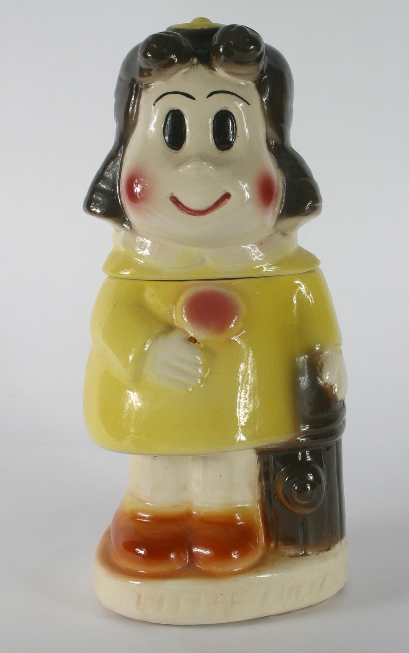 VINTAGE LITTLE LULU COOKIE JAR: Ceramic, two piece, yellow dress, pink lollipop, H-12", VG