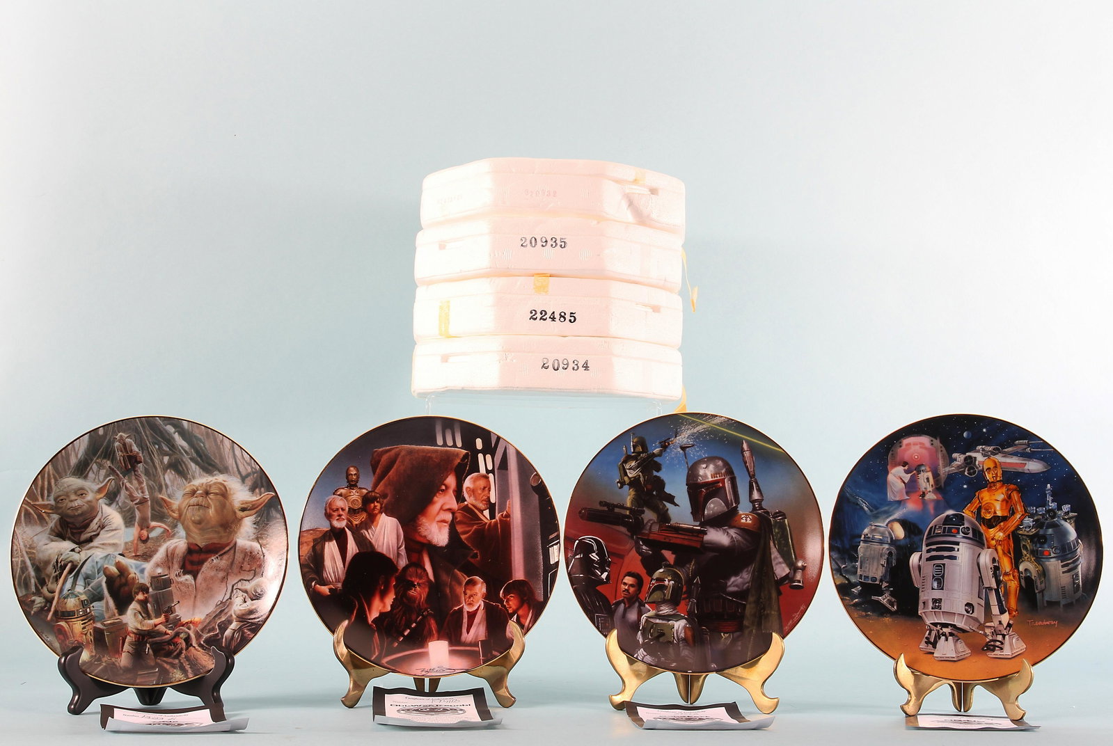 (4) STAR WARS HAMILTON PLATES with COA & PACKAGING: (4) Porcelain Heroes and Villains plate collection by Keith Birdsong; limited to 28 firing days; each plate is bordered with 24K gold; each comes with certificate of authenticity, in the original styr