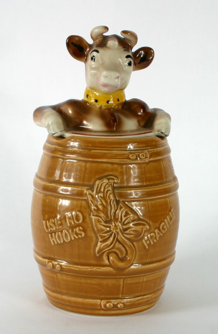 VINTAGE ELSIE THE COW COOKIE JAR: Ceramic, (2) piece; Elsie's - Handle with Care - Use No Hooks; H-12", G-VG