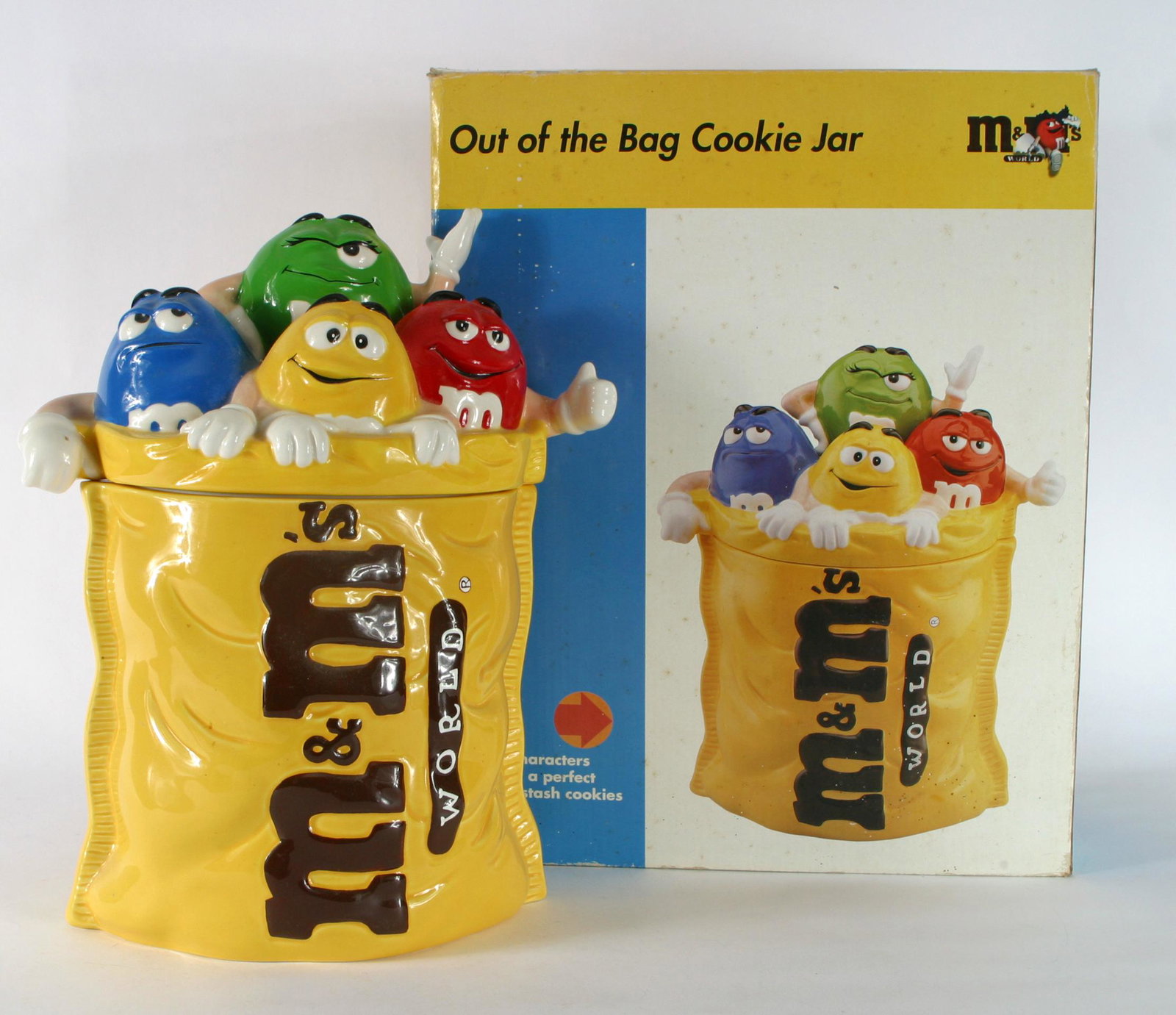 VINTAGE M&M'S WORLD COOKIE JAR: Original box; ceramic; Mars Incorporated; H-13",
