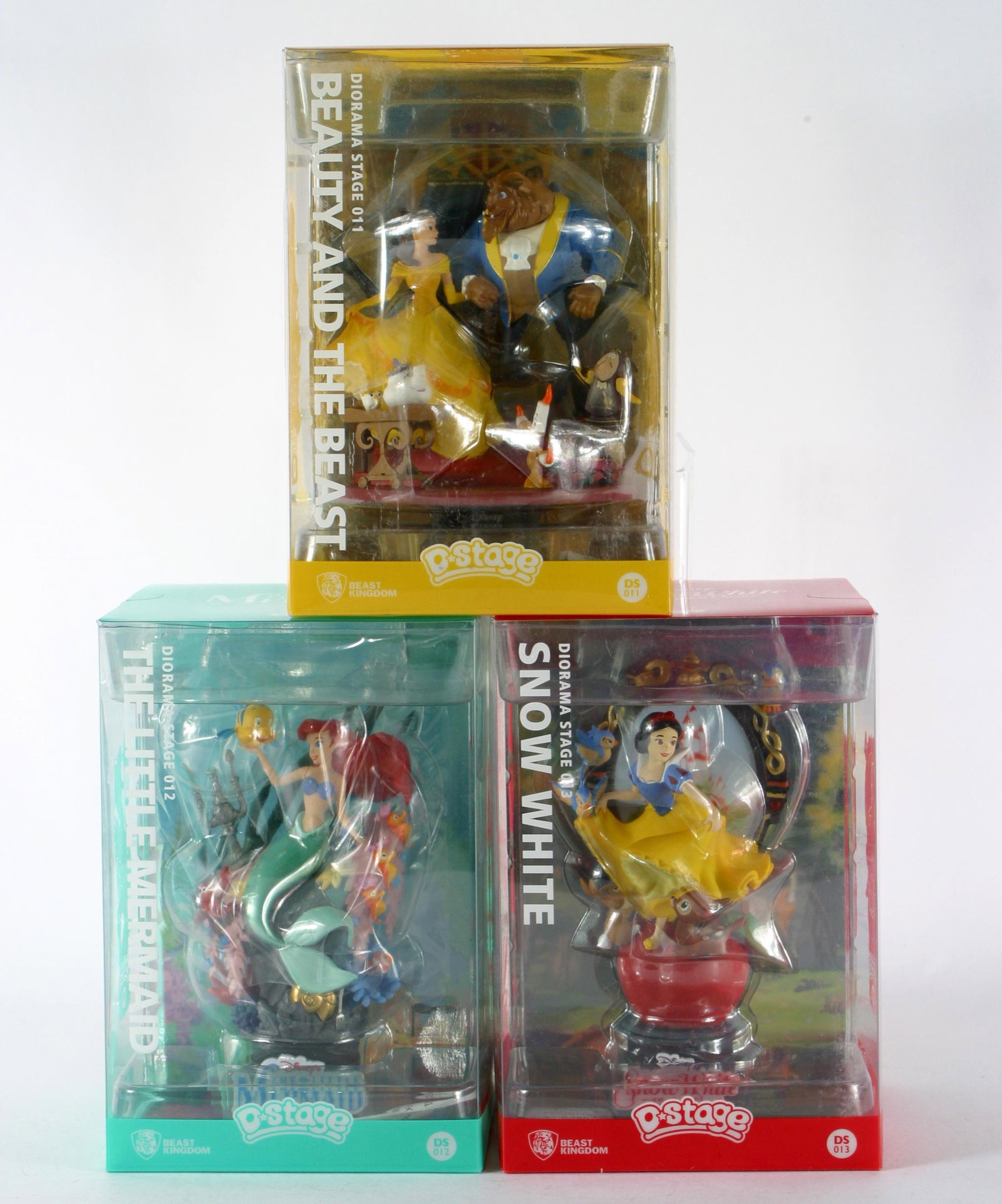 BEAST KINGDOM: LITTLE MERMAID, SNOW WHITE, BEAUTY &: D-Stage Dioramas: (1) Beauty and the Beast, Diorama Stage 011; (1) The Little Mermaid, Diorama Stage 012; (1) Snow White, Diorama Stage 013; 7 1/4" x 5" x 5";
