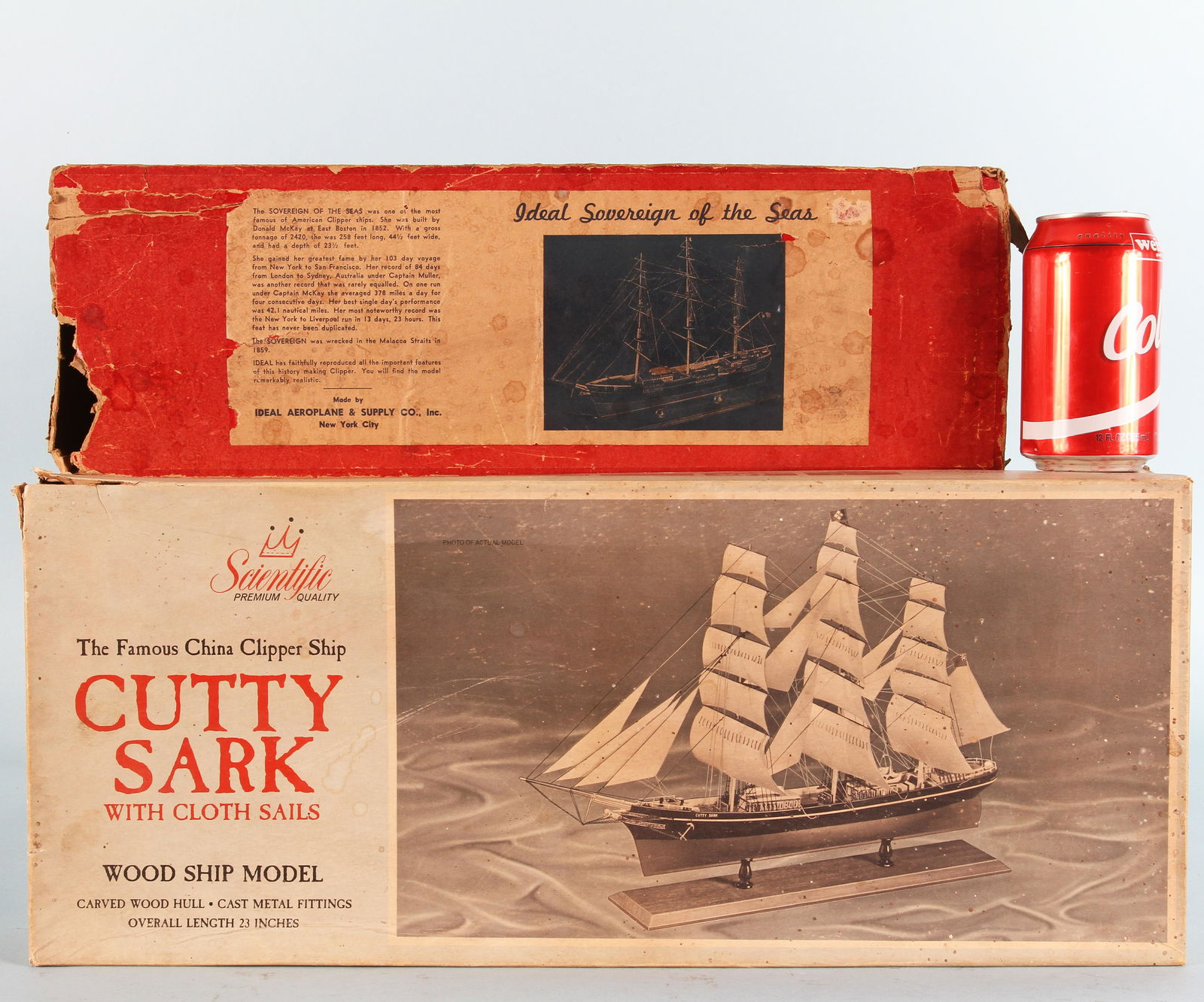 (2) EARLY SAILING SHIPS WOOD MODELS in ORIGINAL BOXES: (1) Scientific Cutty Sark model #163: solid hull wooden ship model kit, includes wood sheet to cut out (3 pieces have been cut out from sheet) metal parts, hardwood base, cloth sails, rigging string,