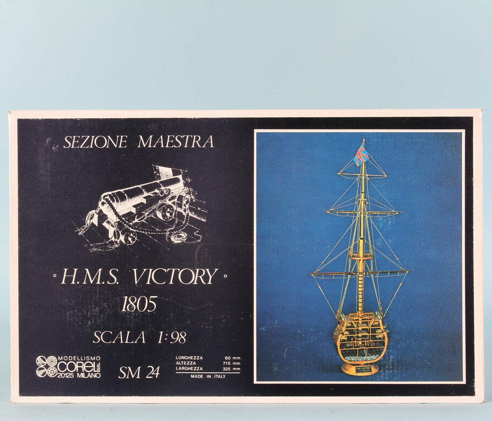 COREL SEZIONE MAESTRA CUT-AWAY WOOD MODEL KIT: Corel HMS Victory 1805 Sezione Maestra wooden cut-away model; 1/98th scale; complete with all parts in sealed packages; this is a highly detailed model with all rigging; wood and metal cannons and ins
