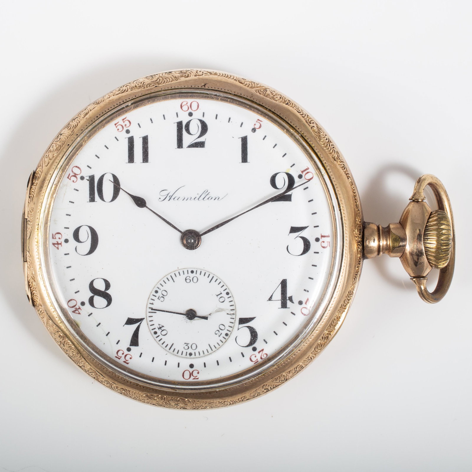 GOLD FILLED HAMILTON POCKET WATCH: Yellow gold filled, keystone watch case, 17 jewels, white porcelain face; not running, case has heavy wear; L-2 1/2", G-G+