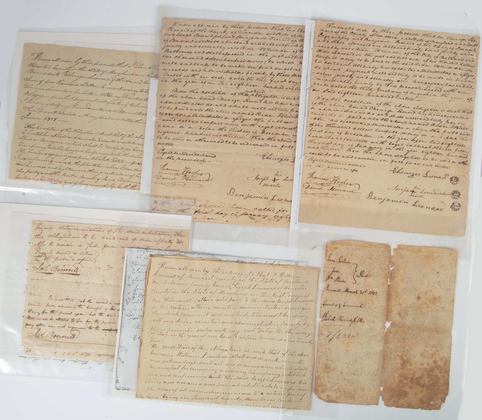 EARLY REAL ESTATE DOCUMENTS - WORCESTER CO. MD: Includes: (1) Disposition of land of John Wilson "Spring Hill", and concerning disposition of land of Henry H. Spies, dated April 25, 1749, very hard to read; (1) Indenture made Feb. 20, 1802 - Willia