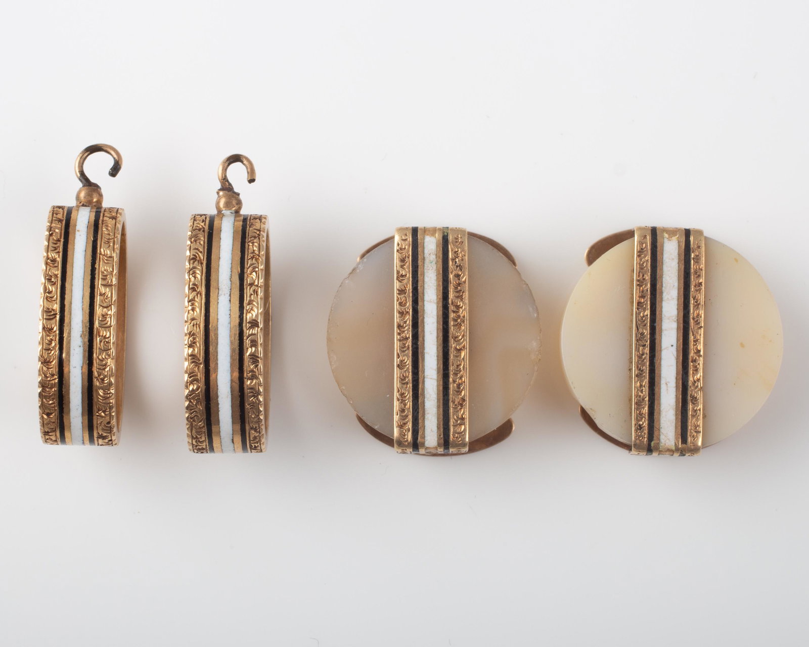 14K ENAMEL & CHALCEDONY COLLAR BUTTONS/DROPS (4): (2) 14K yellow gold, enamel and chalcedony collar buttons; (2) gold and enamel drops; possibly converted from another piece of jewelry; some chips to stone and enamel wear; gold unmarked but tests 14K