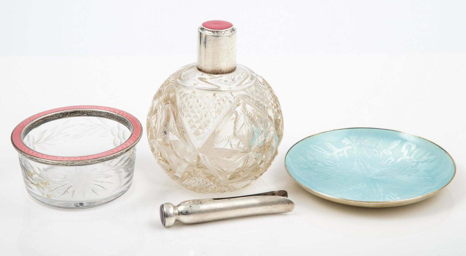 (4) PCS. ENAMELED STERLING PIN TRAY, DRESSER JAR, CLOTHES PIN & BOTTLE (1 of 7)