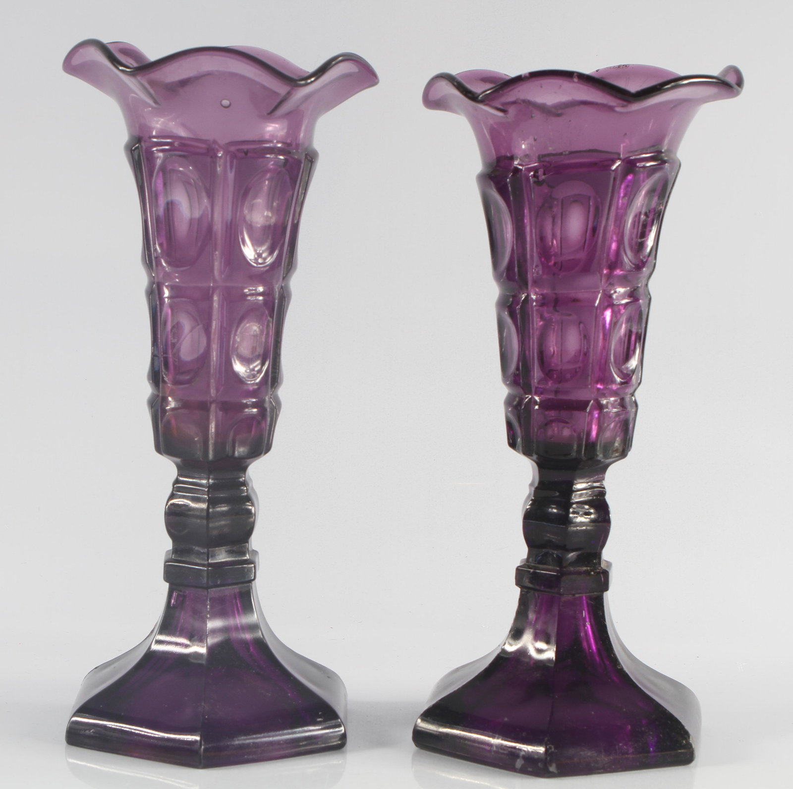 PAIR AMETHYST FLINT PATTERN GLASS VASES (1 of 9)