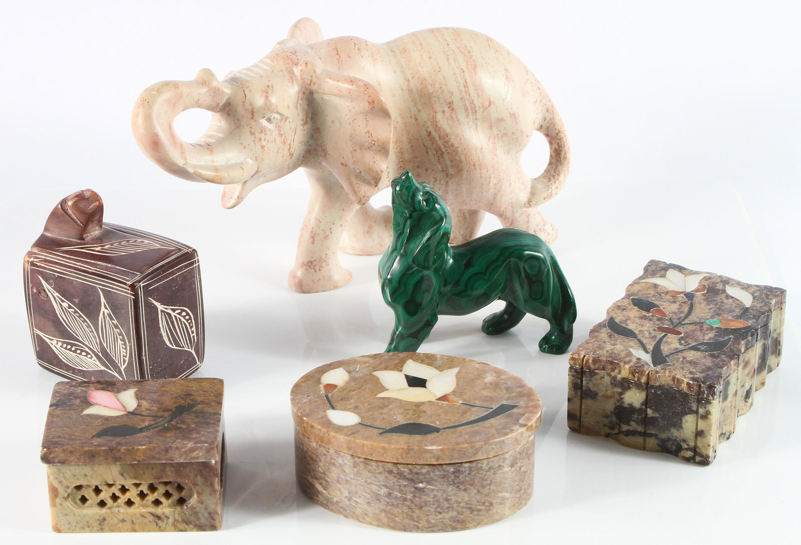 (6) STONE BOXES, FIGURES, ETC.: Includes: (3) inlaid soapstone boxes, (1) novelty soapstone "snake" box; (1) carved malachite dog figure; (1) carved stone elephant, minor abrasions on upturned trunk, tusk chipped; longest L-6 3/4",