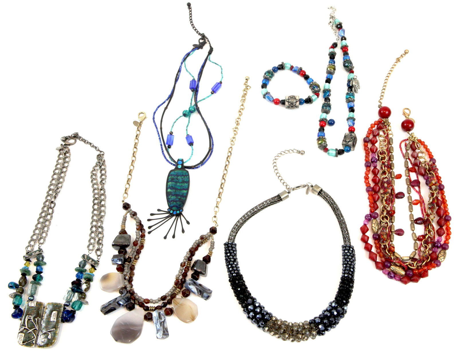 (7) CONTEMPORARY DESIGNER CHICOS, ETC JEWELRY: (6) necklaces, (1) stretch-type bracelet, unmarked (matches necklace); colored glass, plastic, stone beads, enamel, etc.; (1) Asian motif necklace has finish loss to one bead; sizes vary; G-VG