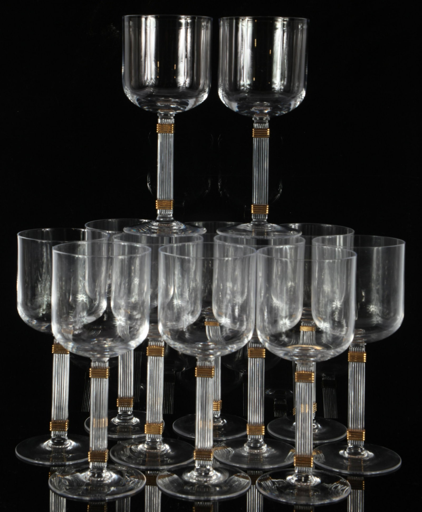CHRISTIAN DIOR GAUDRON GOLD WATER GOBLETS: (12) crystal goblets with column form stems, gold accents, each signed, H-7 7/8", NM