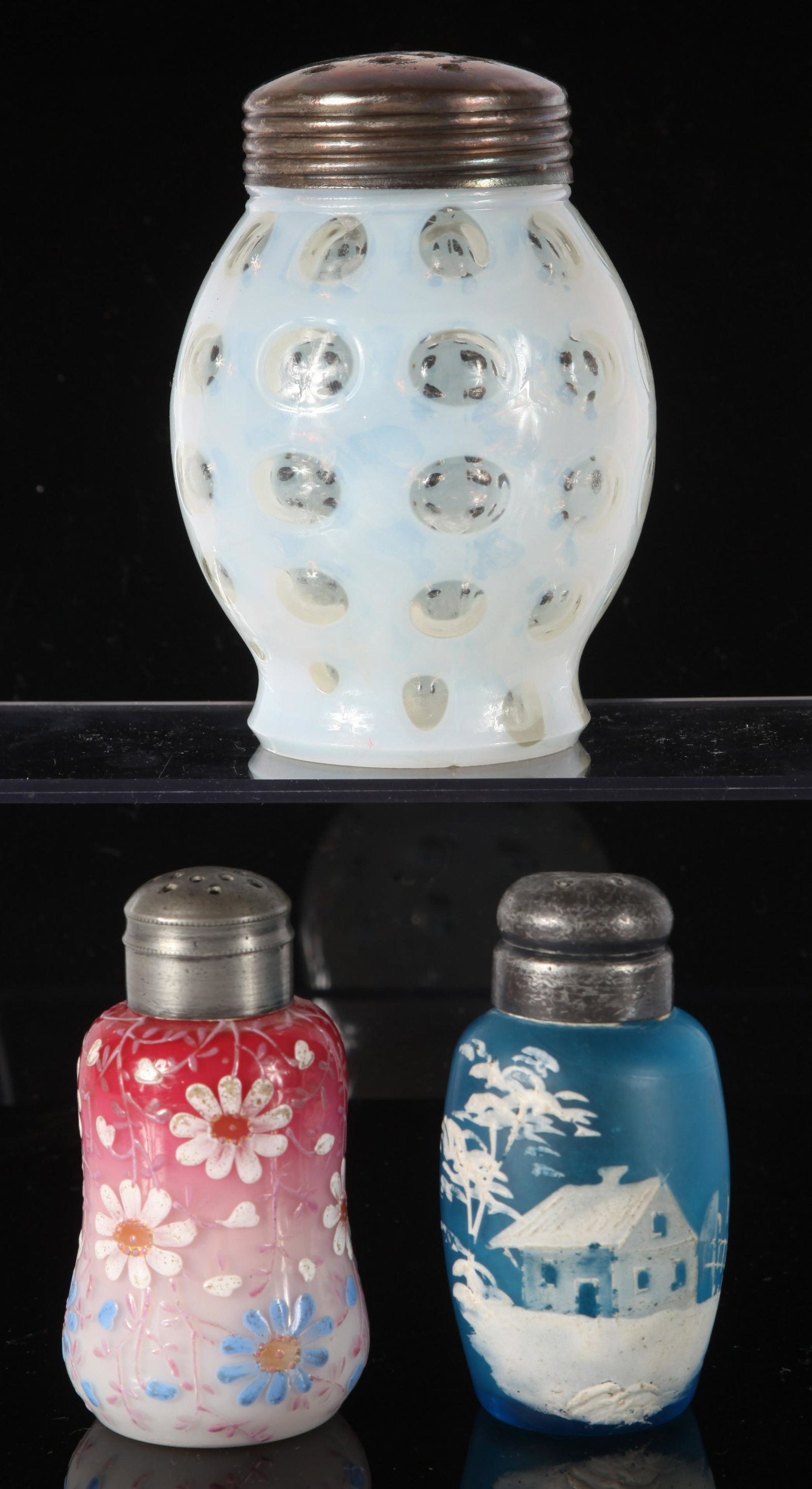 (3) VICTORIAN GLASS SHAKERS, COIN SPOT & ENAMELED (1 of 8)