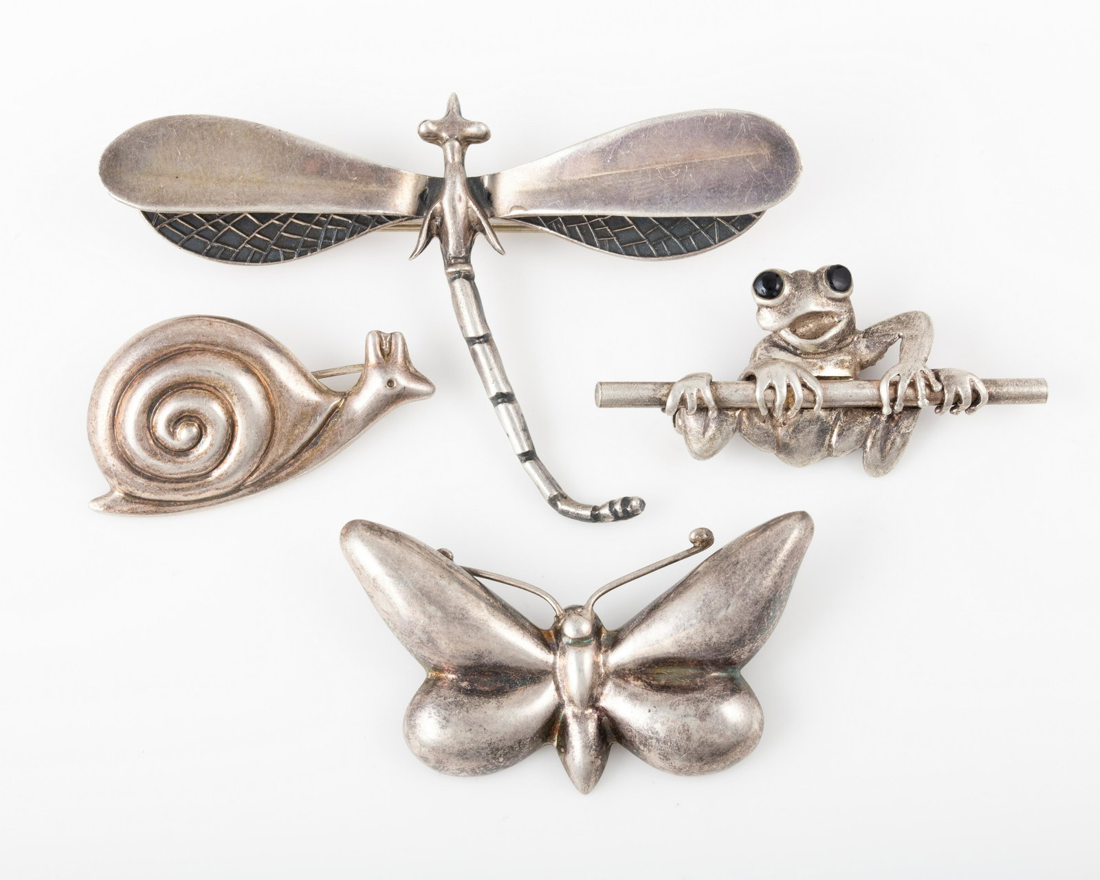 (4) STERLING & SILVER PINS: BUTTERFLY, FROG, DRAGONFLY, SNAIL (1 of 6)