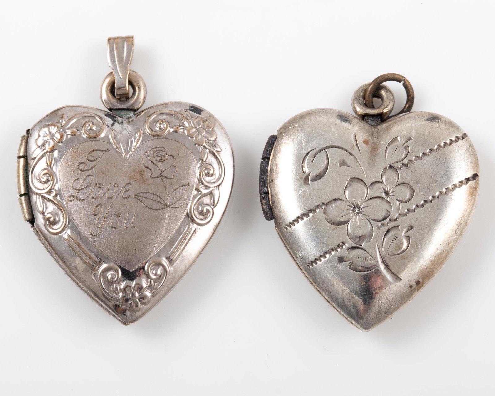 (7) STERLING HEART-SHAPED LOCKETS: longest 1 3/4", [1.39 ozt total for all], VG-EX