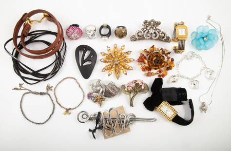 LARGE LOT COSTUME: RINGS, WATCHES, HAIR JEWELRY, ETC.: Includes: (3) floral brooches; (2) expandable rings, (1) leather shank ring, (1) faceted stone ring; (1) rhinestone hair clip; (1) artist made hair pin, (1) Swiss made Charriol watch, (1) Maximal Art