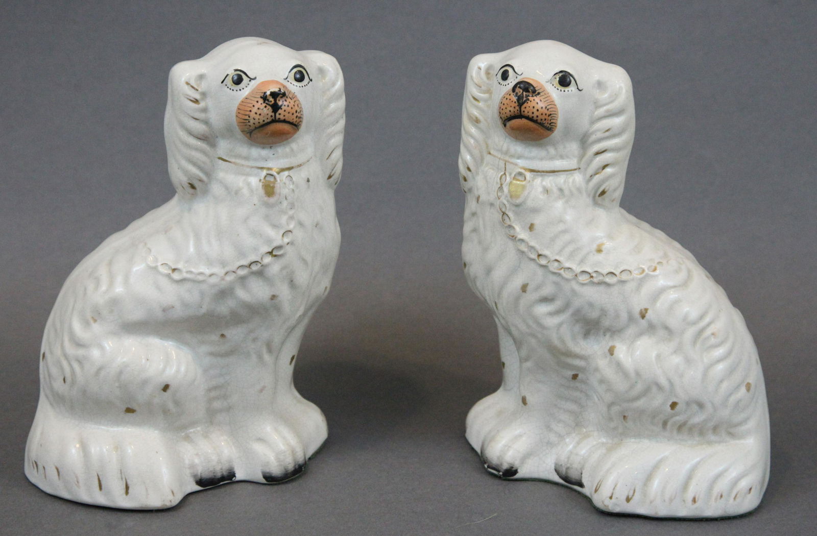 PAIR ANTIQUE CERAMIC STAFFORDSHIRE SPANIELS (1 of 11)
