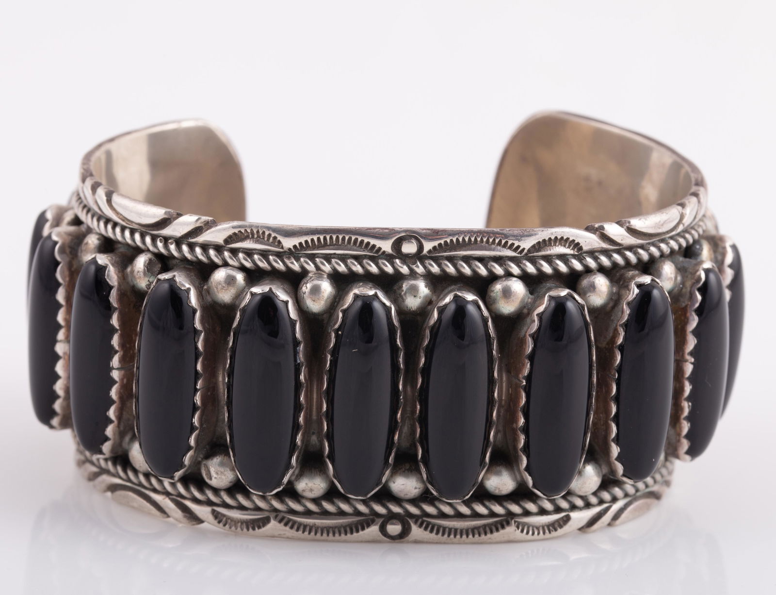 NAVAJO STERLING Y CUFF BRACELET with ONYX - YAZZIE (1 of 4)
