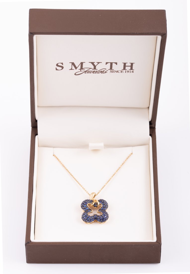 14K YELLOW GOLD CHAIN with BLUE STONE DROP: (69+/-) .01 carat round blue spinels, chain .8 dwt 18" long; drop is 2.19 dwt total, L-3/4"; [2.97 dwt total for both], VG-EX