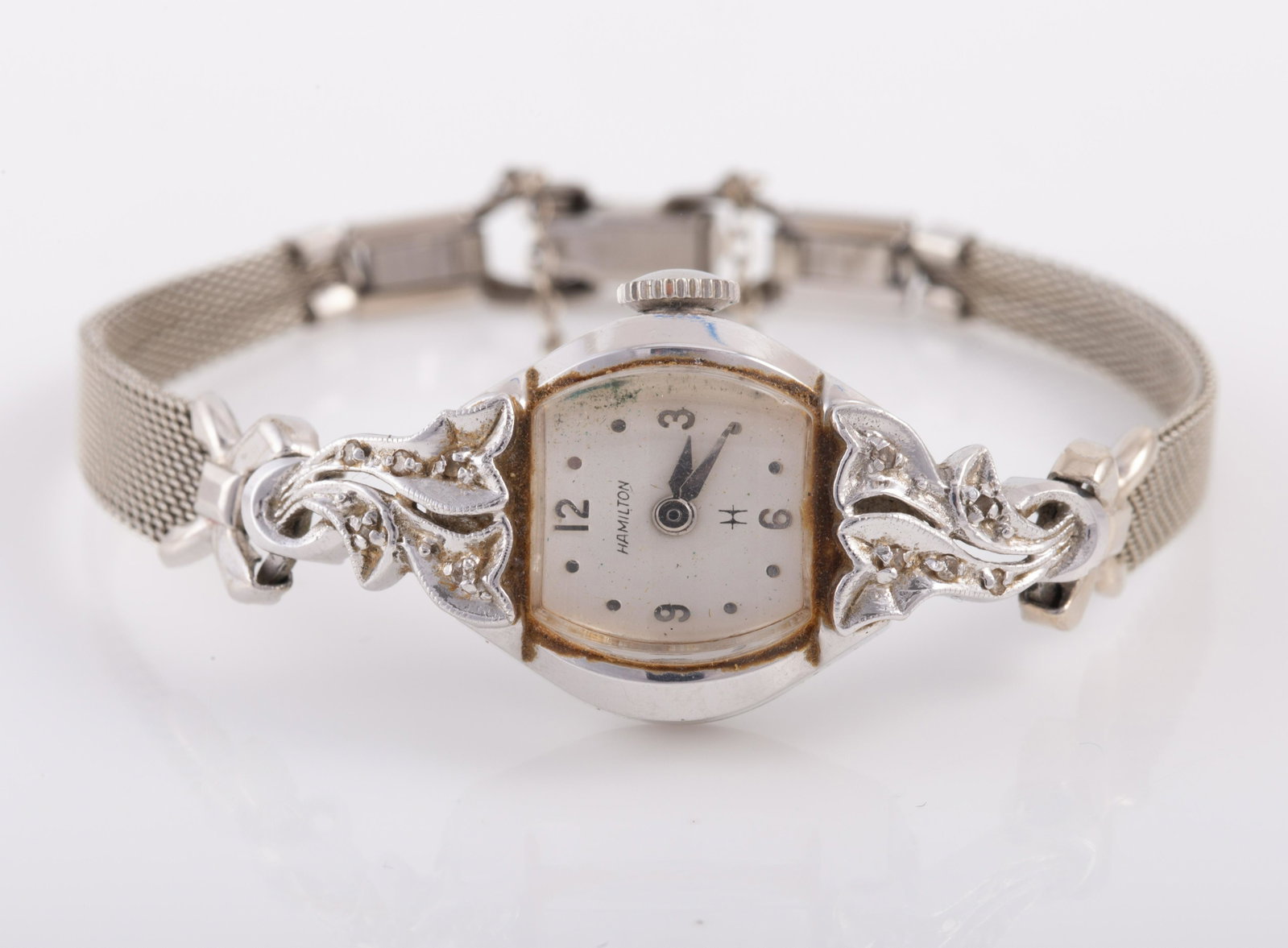 14K WHITE GOLD HAMILTON LADIES WATCH: Plated band; not running; L - 6" ; G - VG