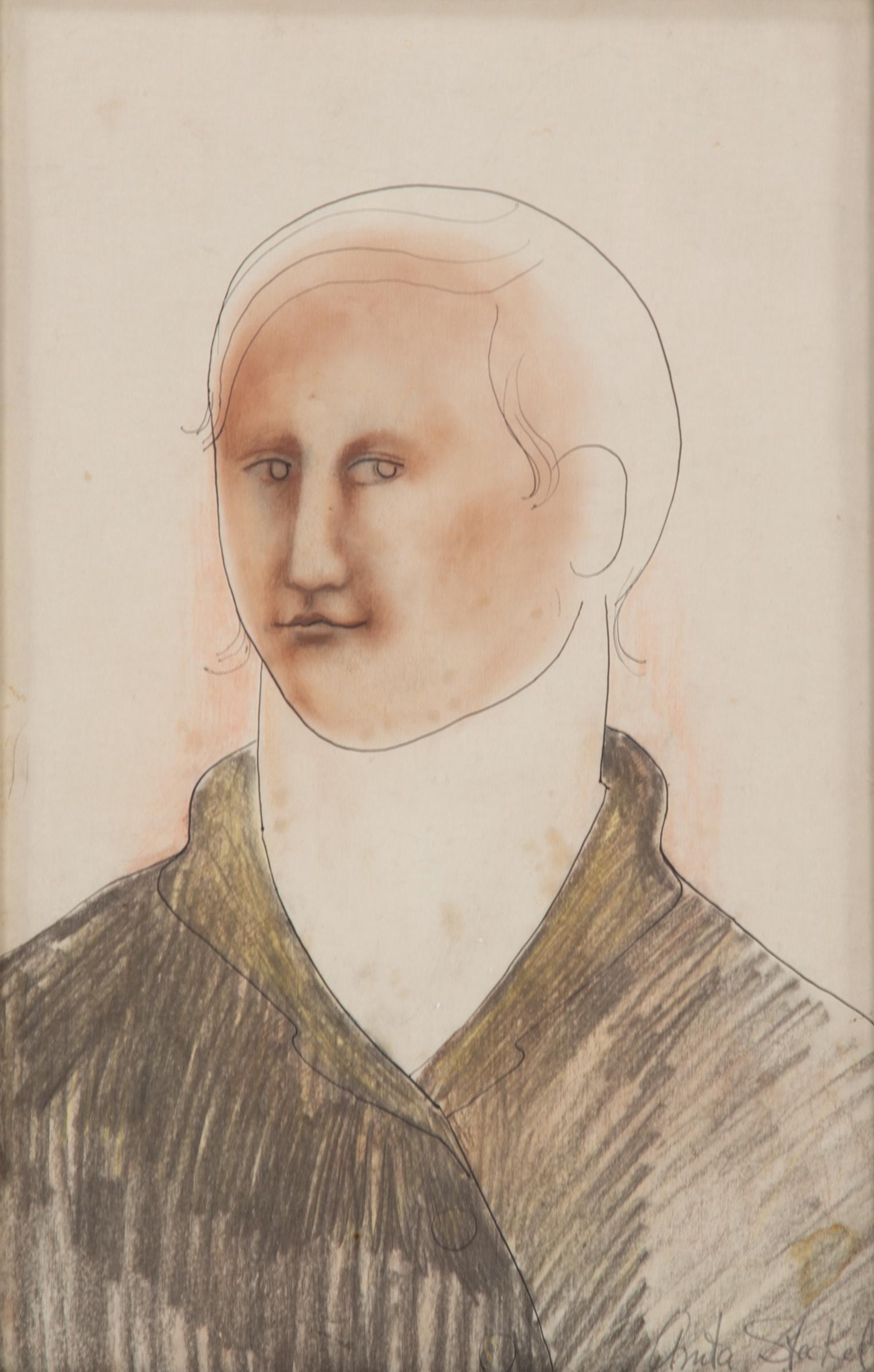 ANITA STECKEL MIXED MEDIA PORTRAIT: Appears to be ink, oil pastel, etc. portrait of androgynous figure; signed by New York artist, Anita Steckel (1930-2012), known for her feminist works; together with several artist opening brochures; 