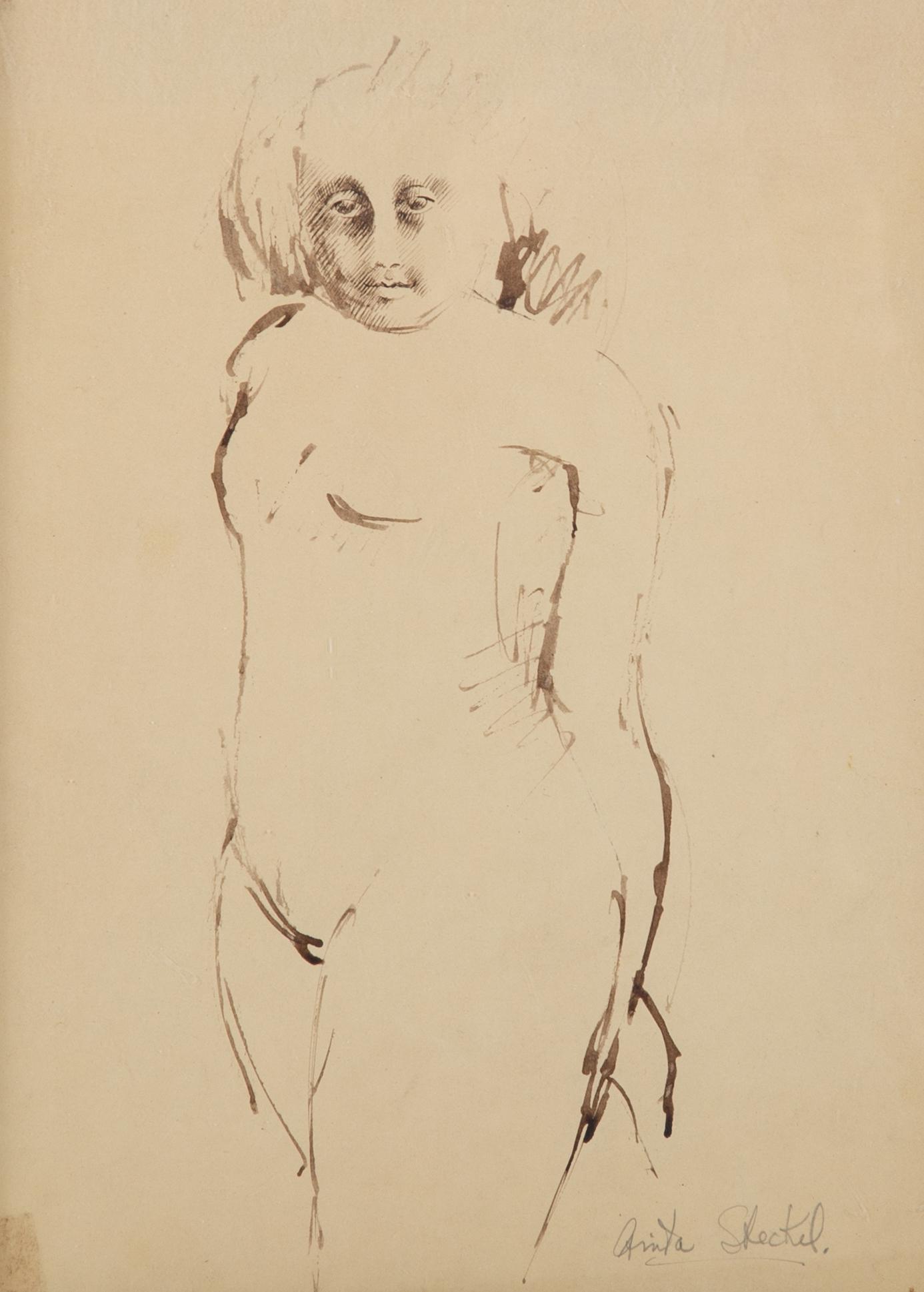 ANITA STECKEL INK NUDE PORTRAIT: Loose gestured sketch with more detailed face, paper is toned, some stains along bottom edge, pencil signed lower right, simple frame, image size: 13 1/2" x 10", G