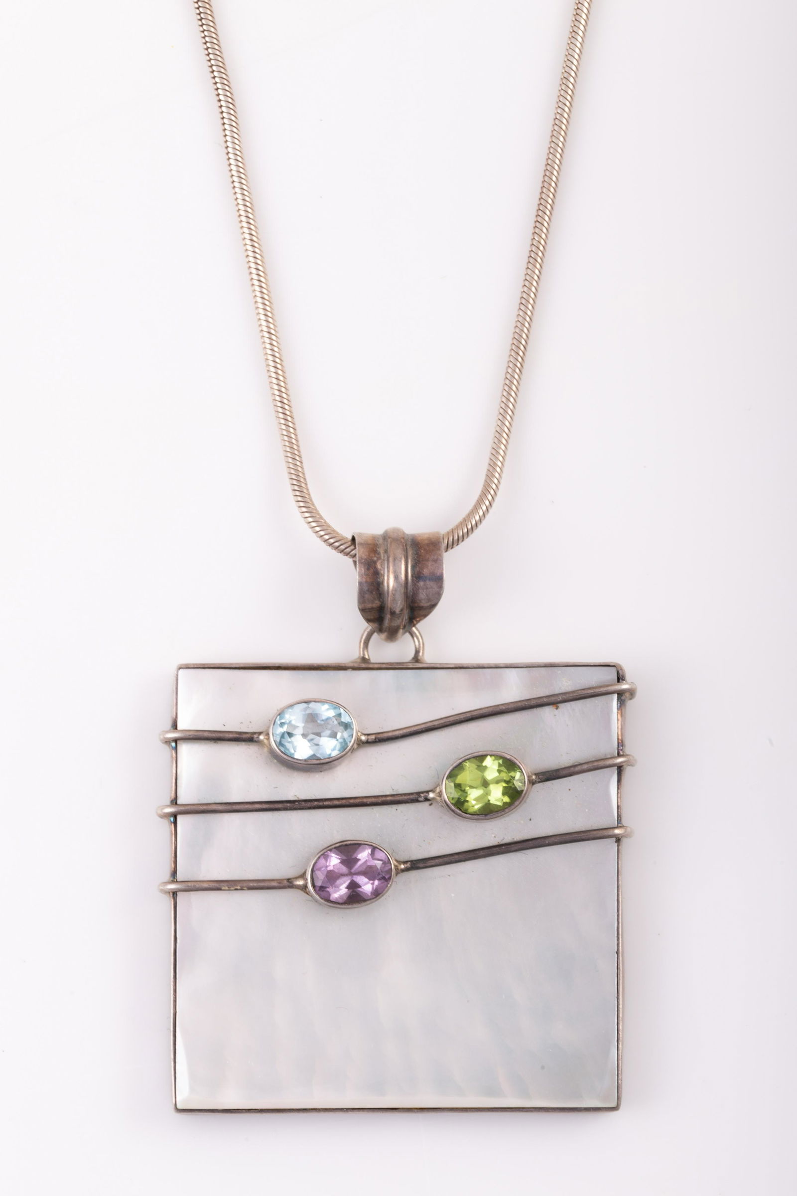 ARTIST MADE SILVER, MOTHER OF PEARL & GEMSTONE NECKLACE (1 of 5)