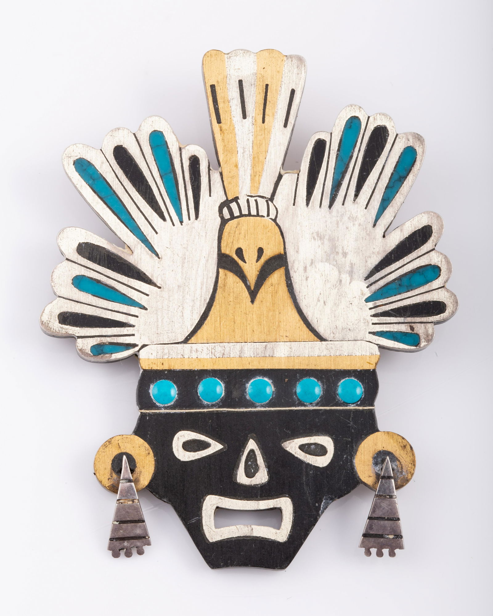 TAXCO STERLING TON?O PIEDRA NEGRA MASK PIN / PENDANT: Mayan-Inspired mask brooch / pendant, mixed metals with enamel with piedra negra (obsidian) layering / face; sterling silver back and additional inlays, articulated earrings, stamped on back: Ton?o -